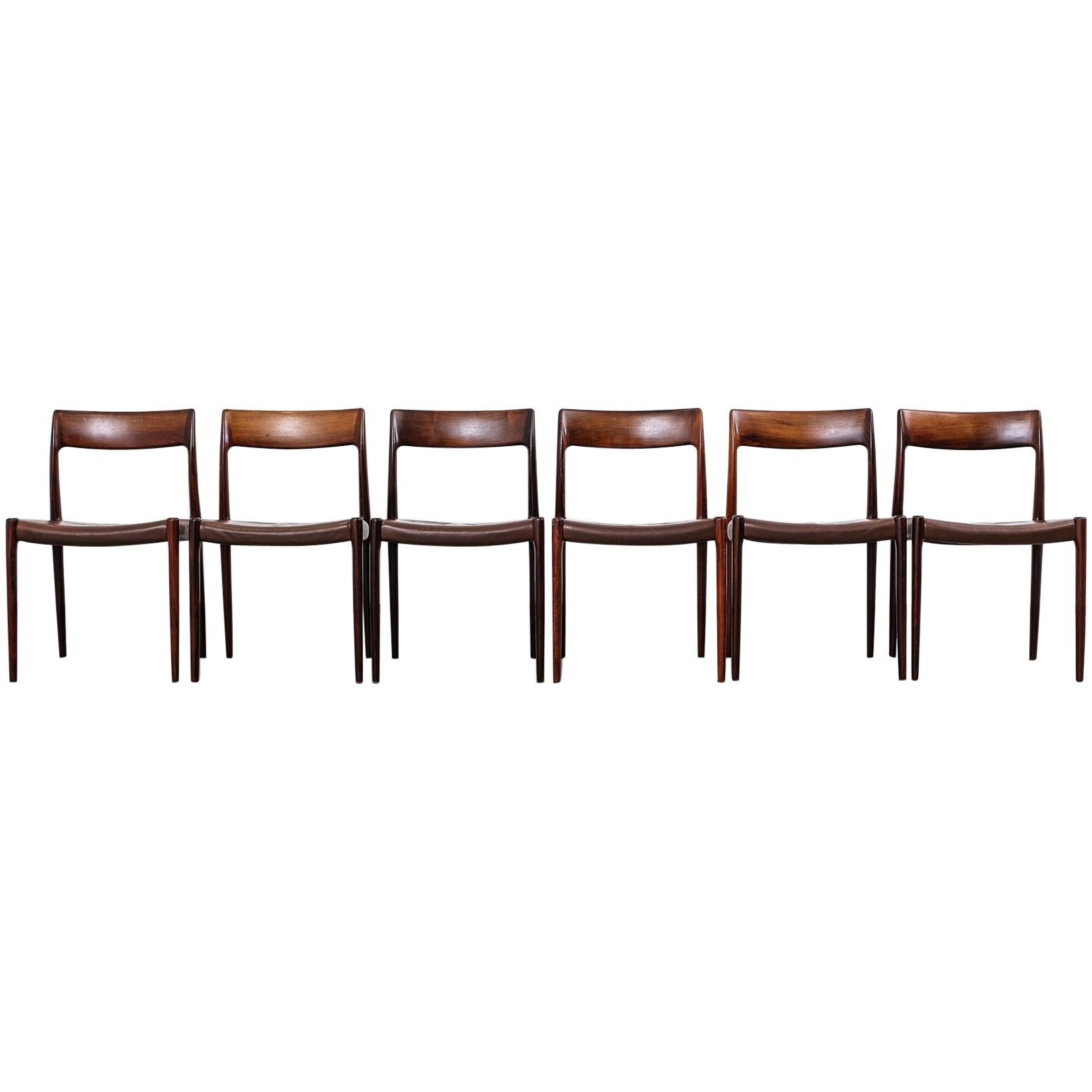 Rosewood and Leather Niels Møller Model #77 Dining Chairs, Set of Six