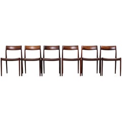 Rosewood and Leather Niels Møller Model #77 Dining Chairs, Set of Six