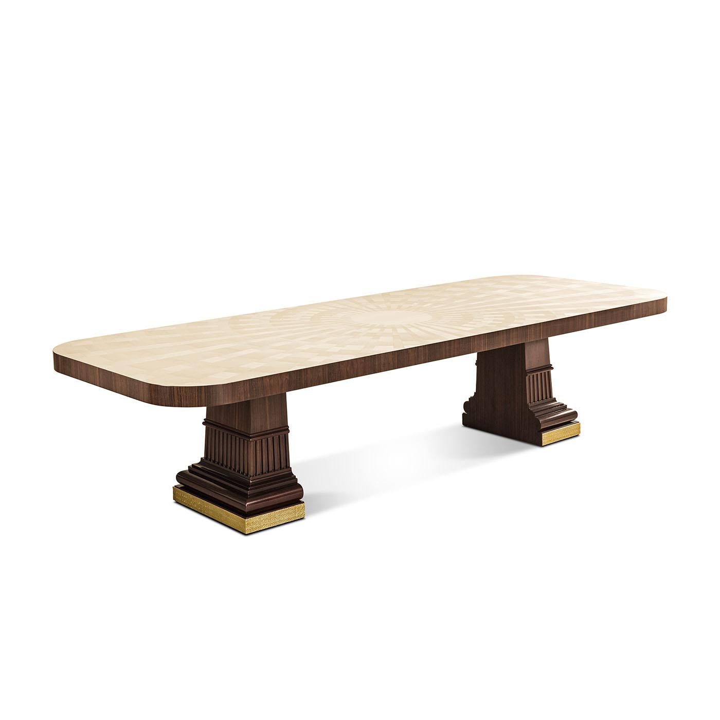 Dining table with inlaid natural maple top and solid rosewood and mahogany pedestals.