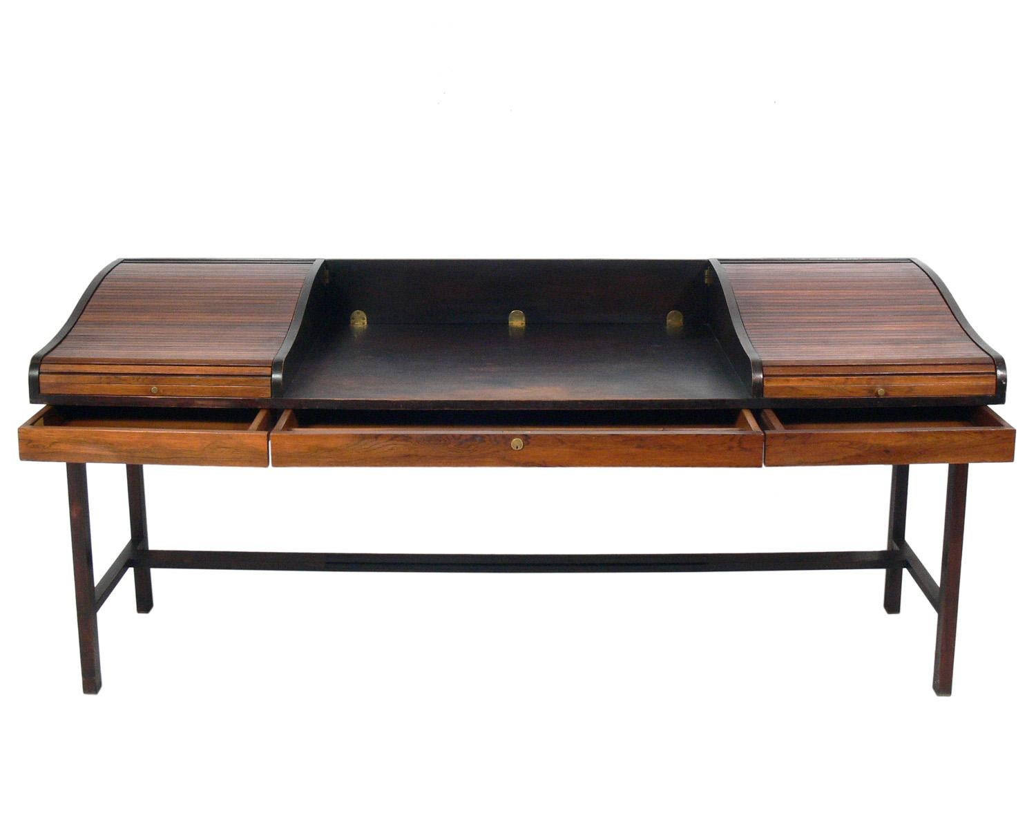 Mid-Century Modern Rosewood and Mahogany Roll Top Desk by Edward Wormley for Dunbar