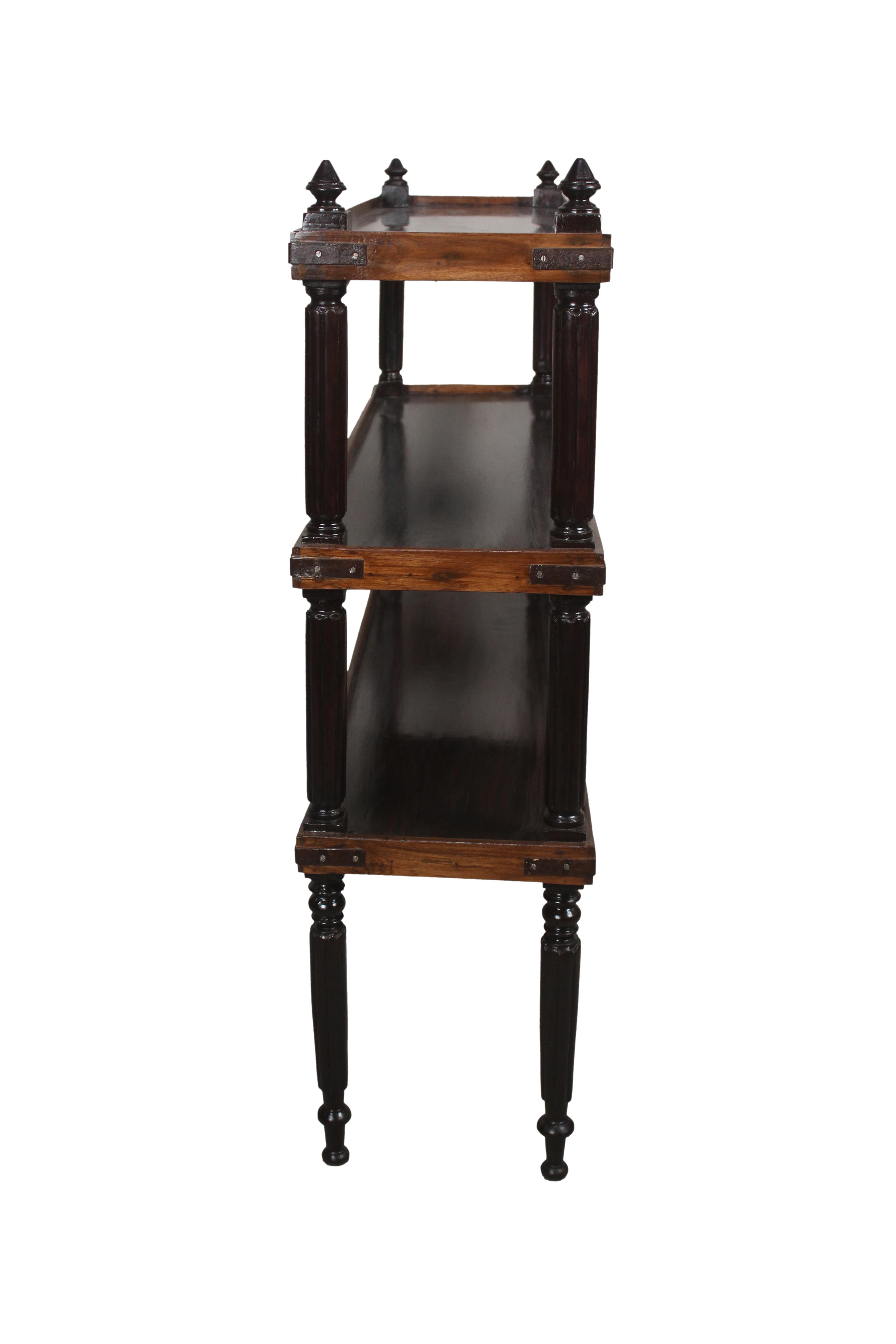 British Colonial Rosewood and Mahogany Three-Tier Shelf Étagère Bookcase, 1940s