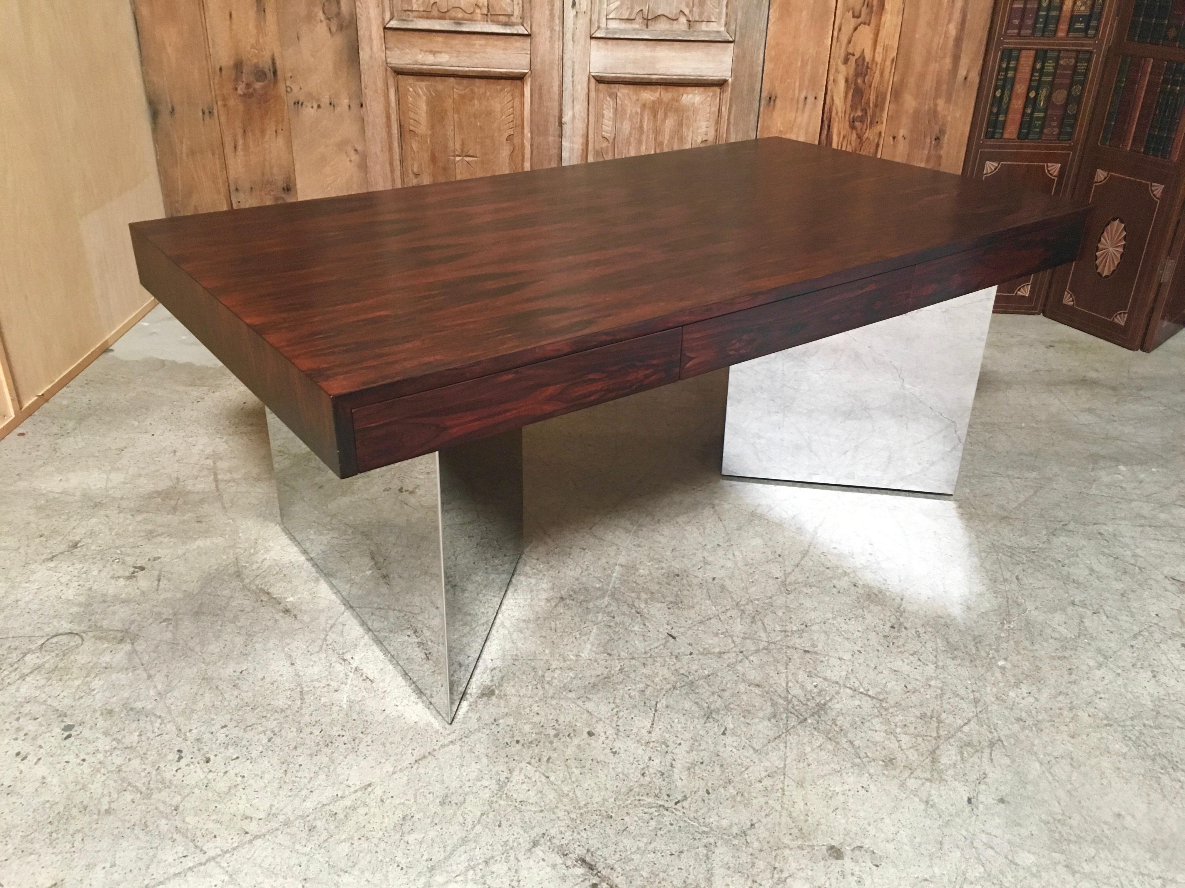 Rosewood and Mirror Polished Stainless Steel Executive Desk by Pace Collection 13