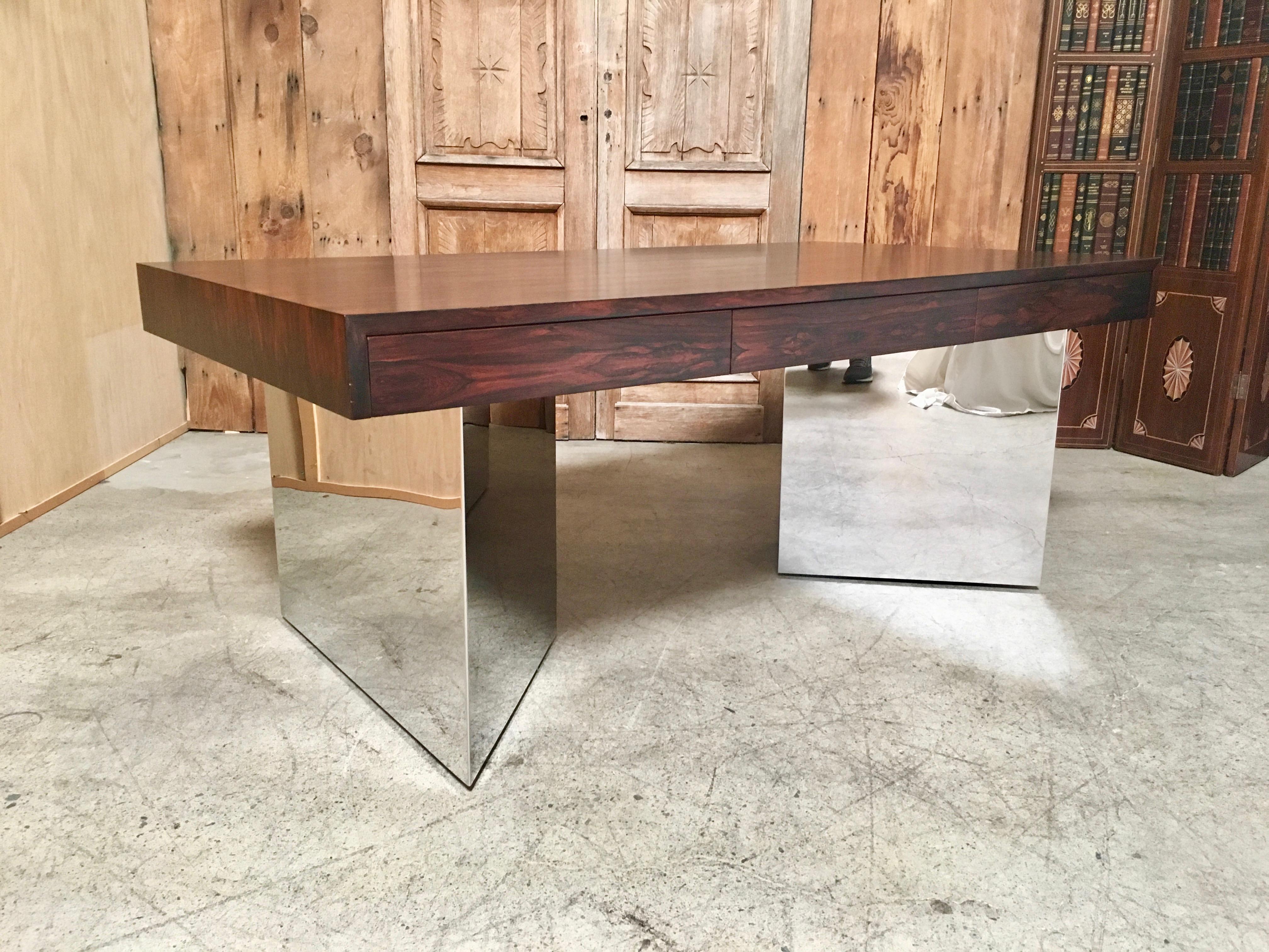 Mid-Century Modern Rosewood and Mirror Polished Stainless Steel Executive Desk by Pace Collection