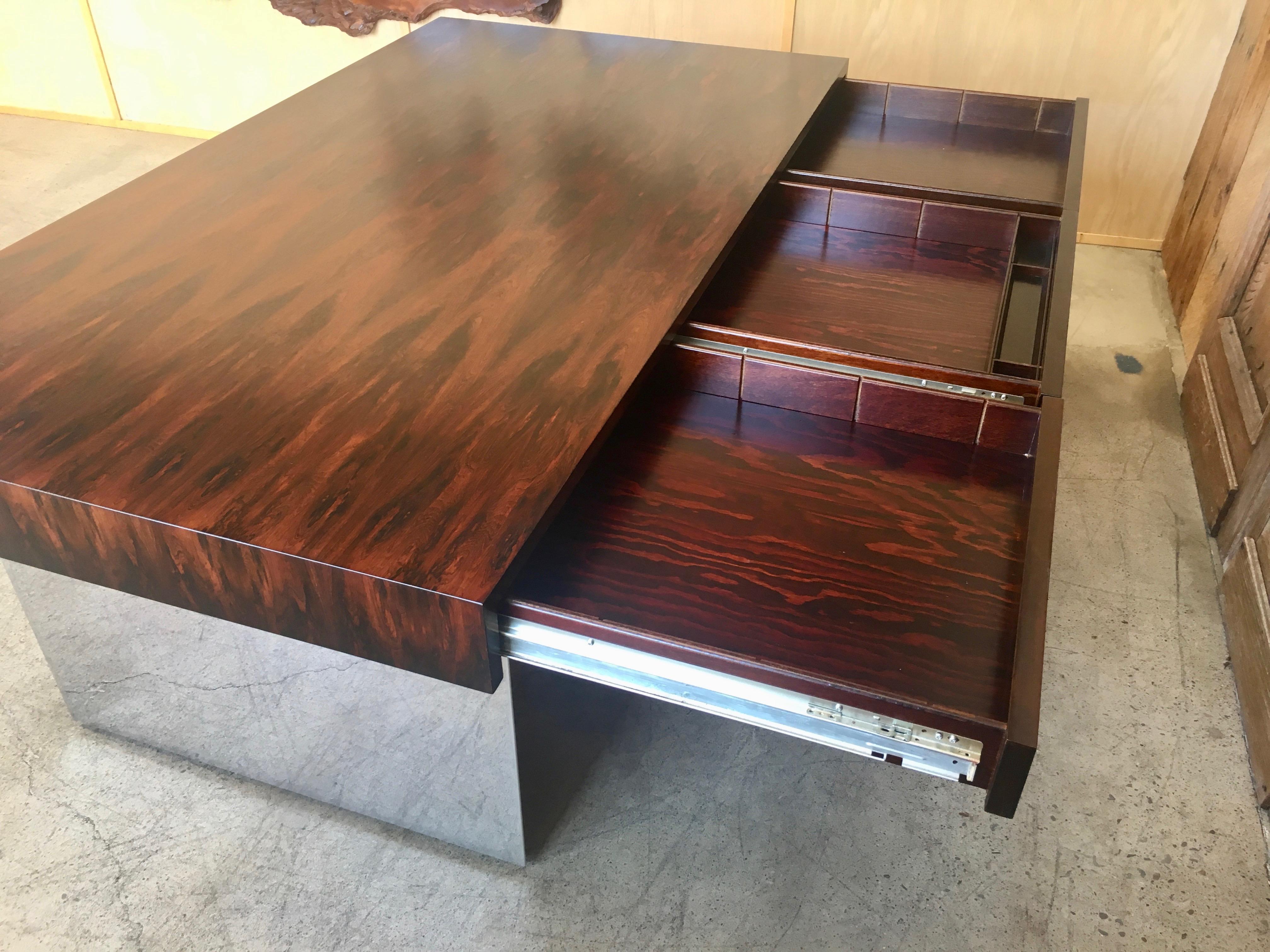 North American Rosewood and Mirror Polished Stainless Steel Executive Desk by Pace Collection