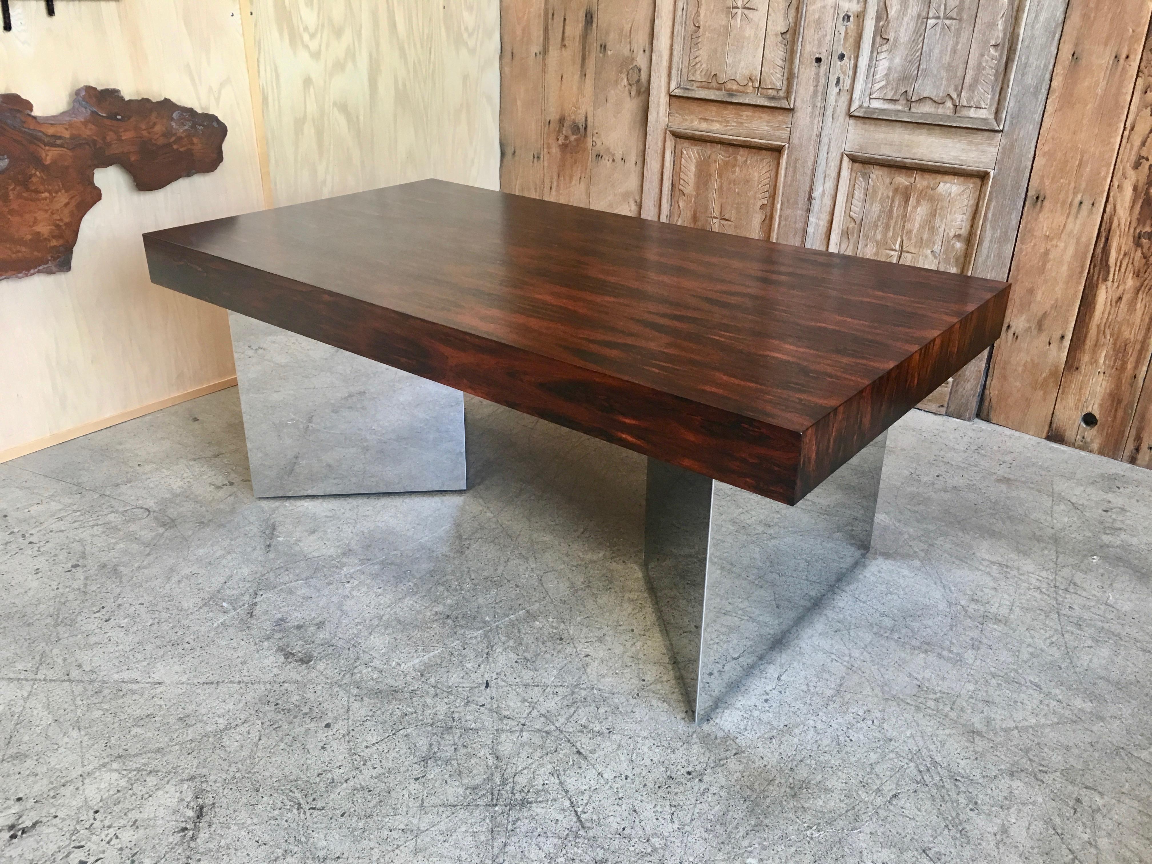 Rosewood and Mirror Polished Stainless Steel Executive Desk by Pace Collection In Excellent Condition In Denton, TX