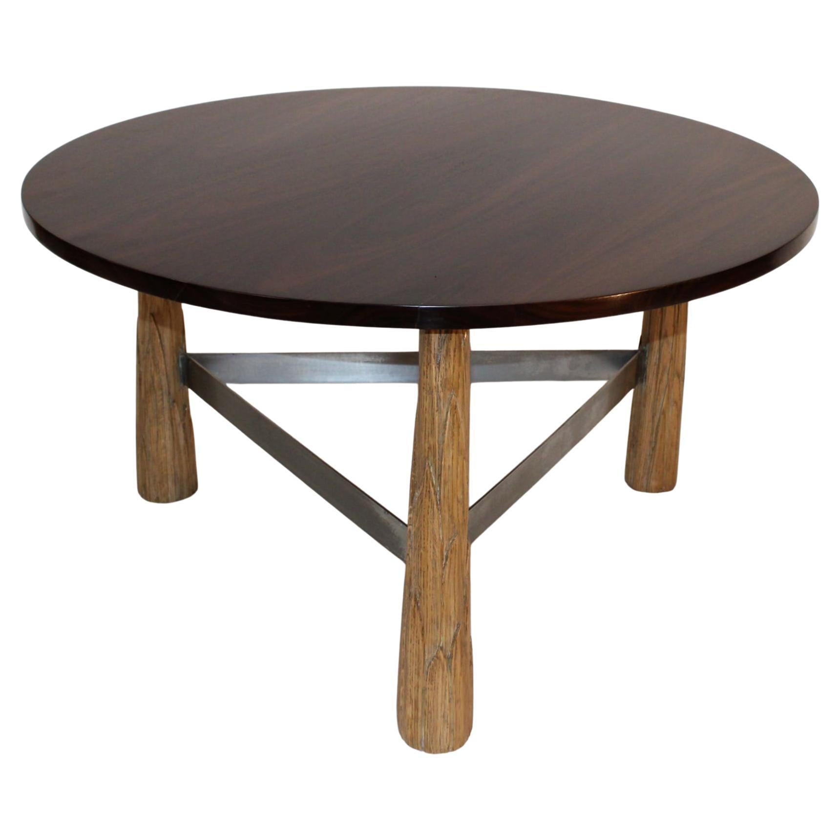 Rosewood and Oak Center Table with Steel Frame and Hand-Carved Leaf Motif Legs