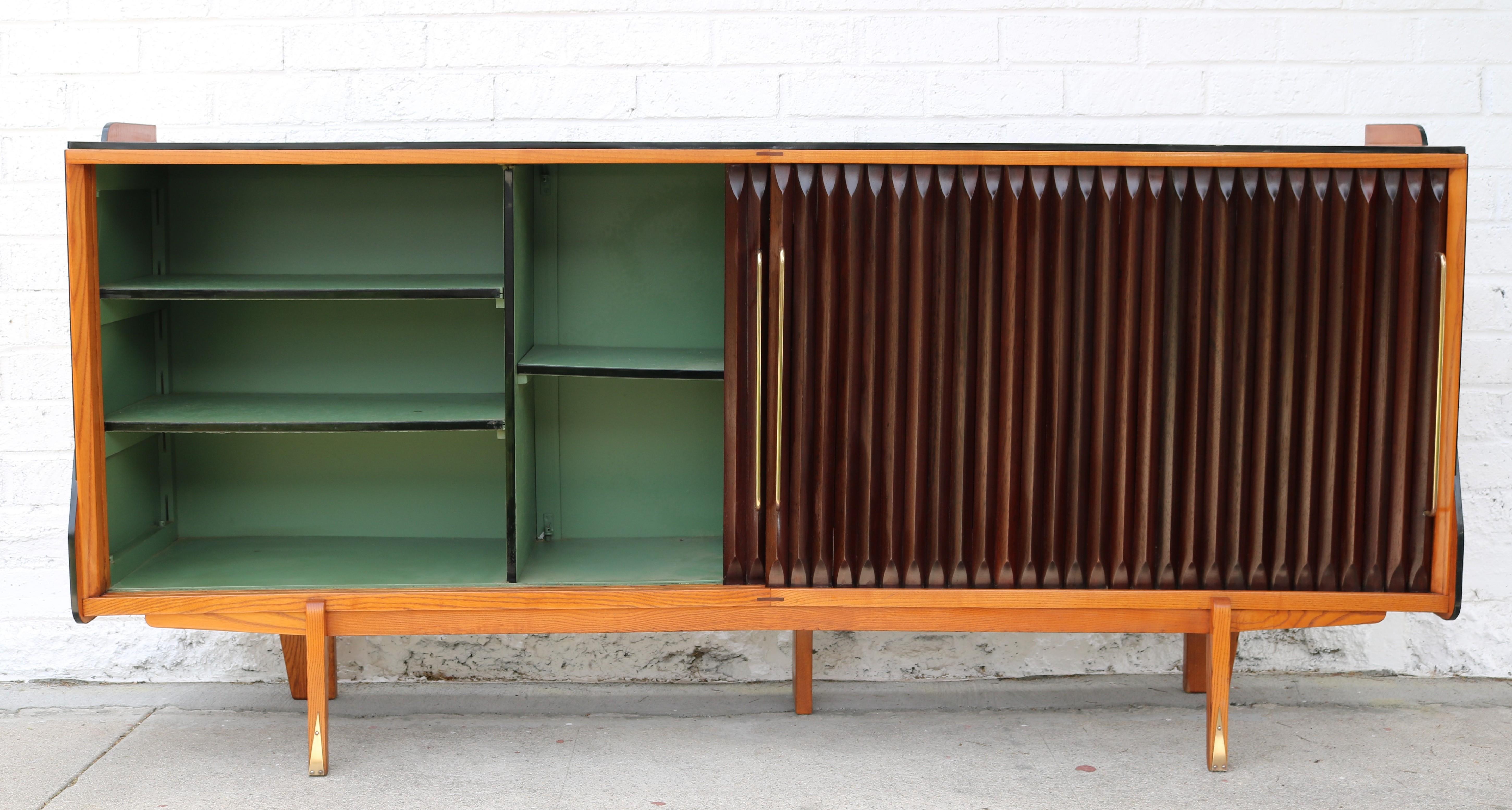 Brass Rosewood and Oak French 1950s Tamboor Door Credenza