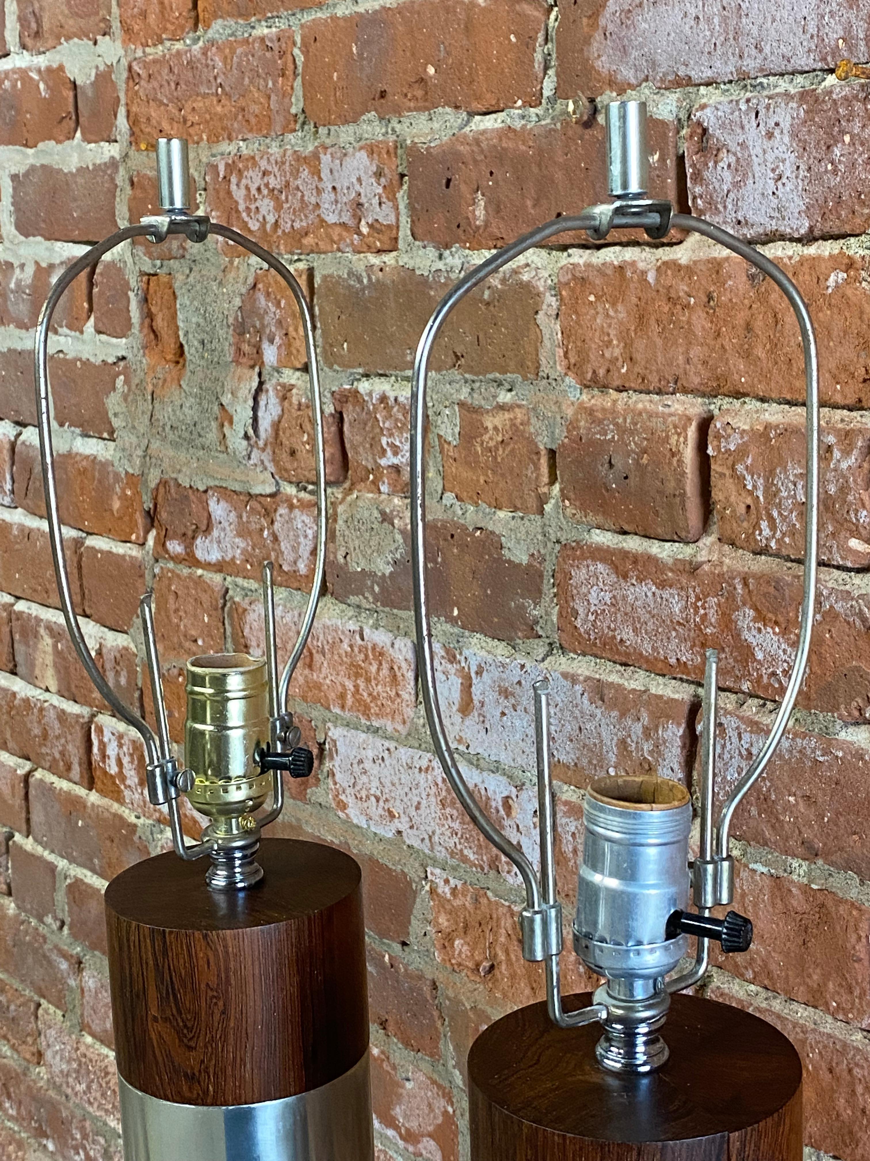 Rosewood and Polished Aluminum Cylinder Table Lamps 6