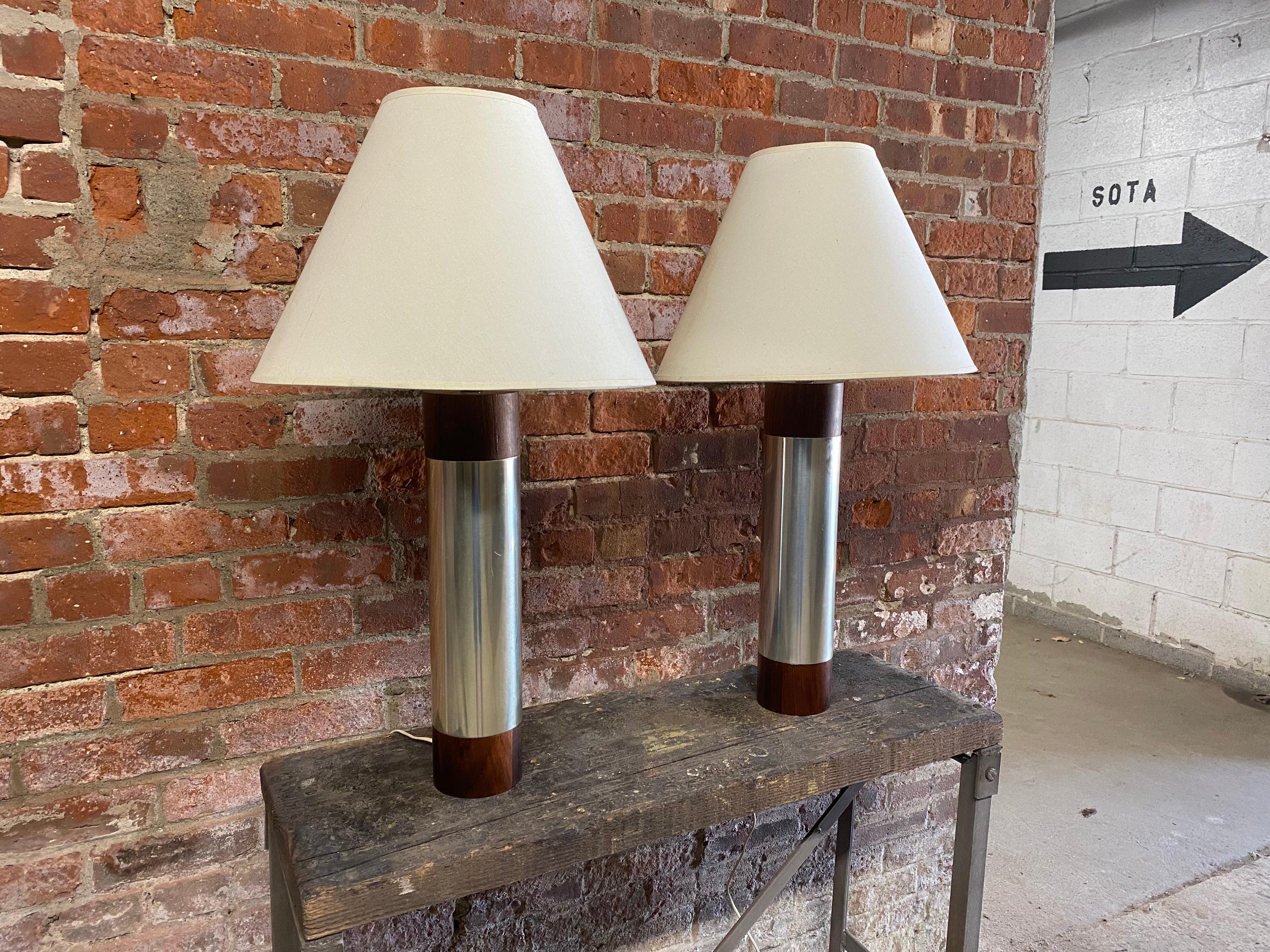 Scandinavian Modern Rosewood and Polished Aluminum Cylinder Table Lamps