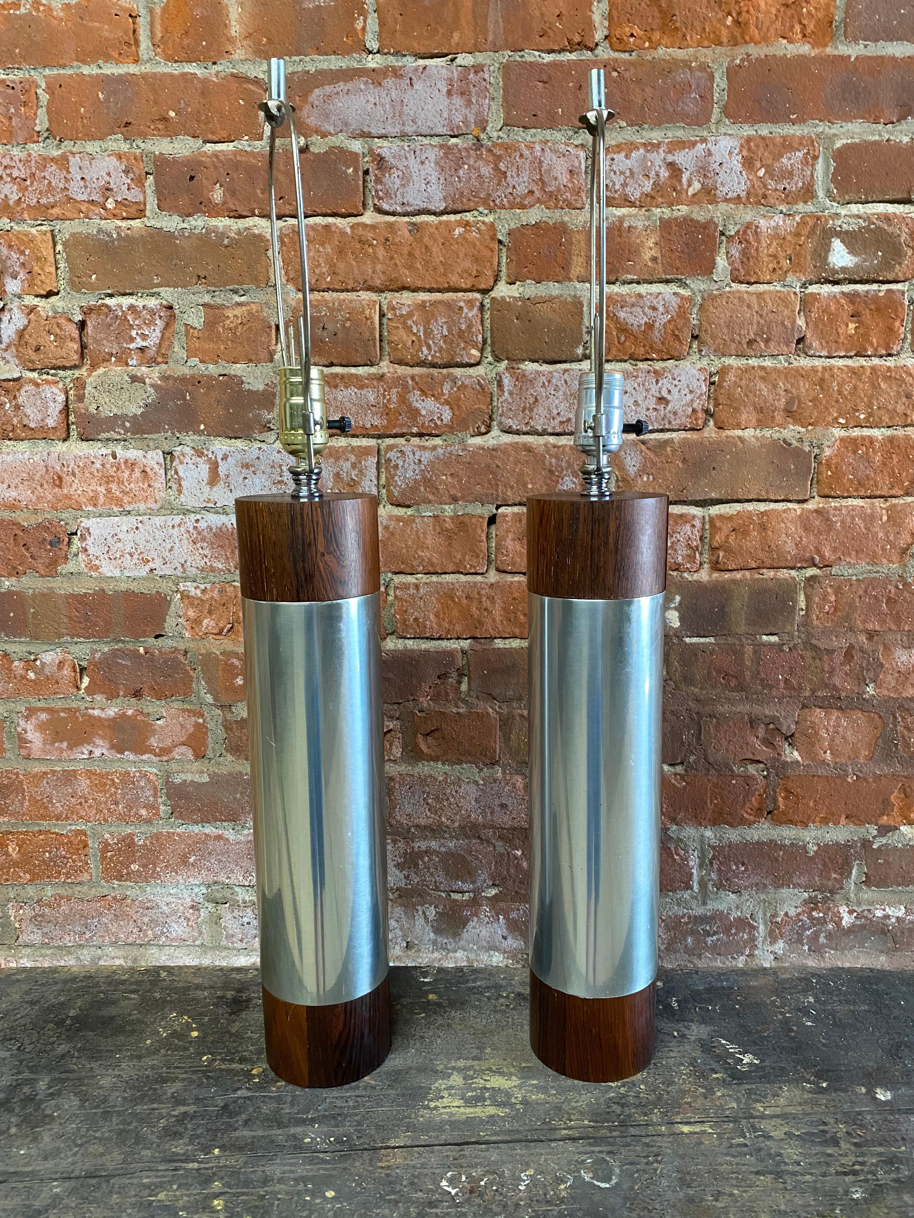 Danish Rosewood and Polished Aluminum Cylinder Table Lamps