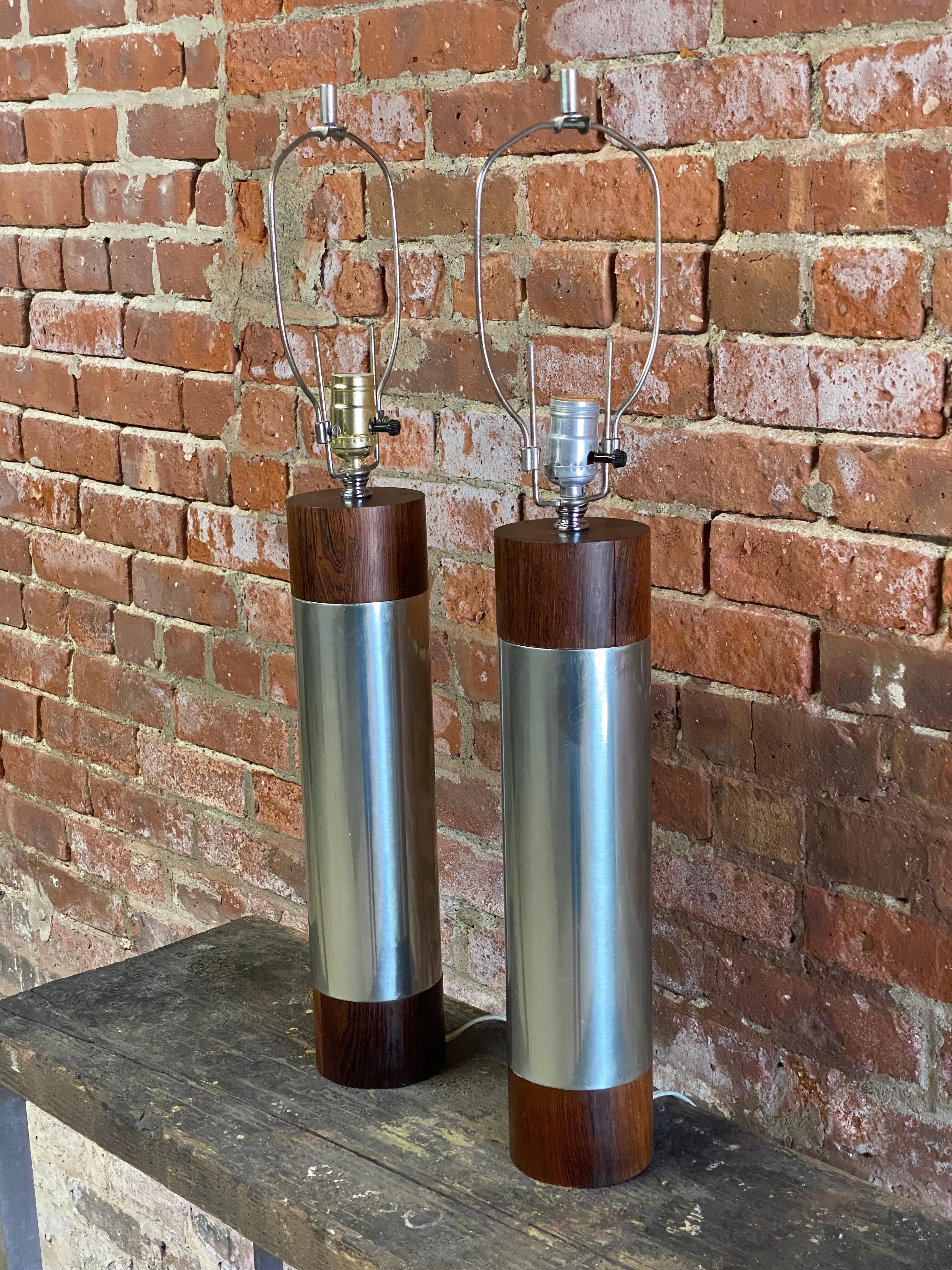 Rosewood and Polished Aluminum Cylinder Table Lamps In Good Condition In Garnerville, NY