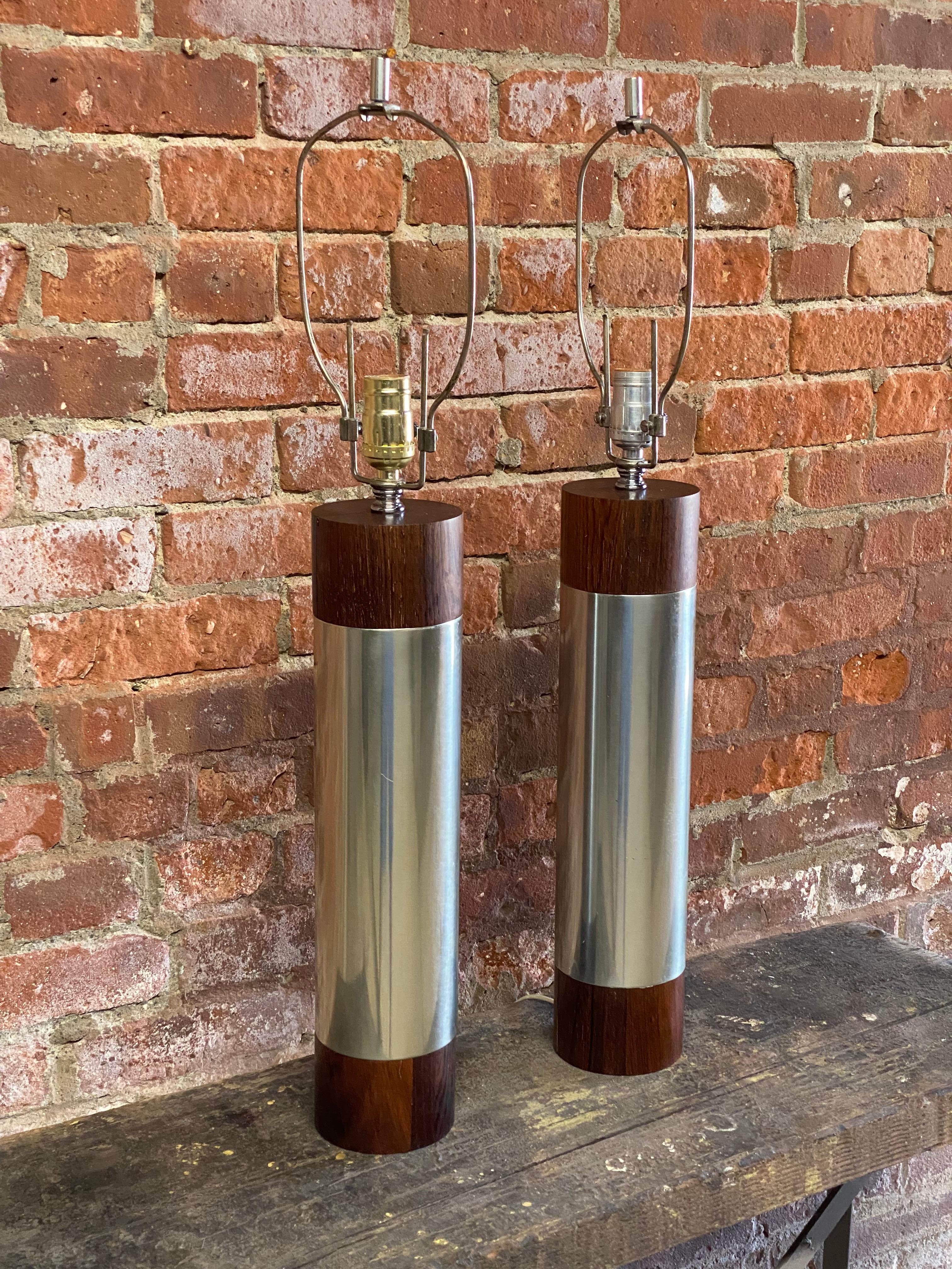 Mid-20th Century Rosewood and Polished Aluminum Cylinder Table Lamps