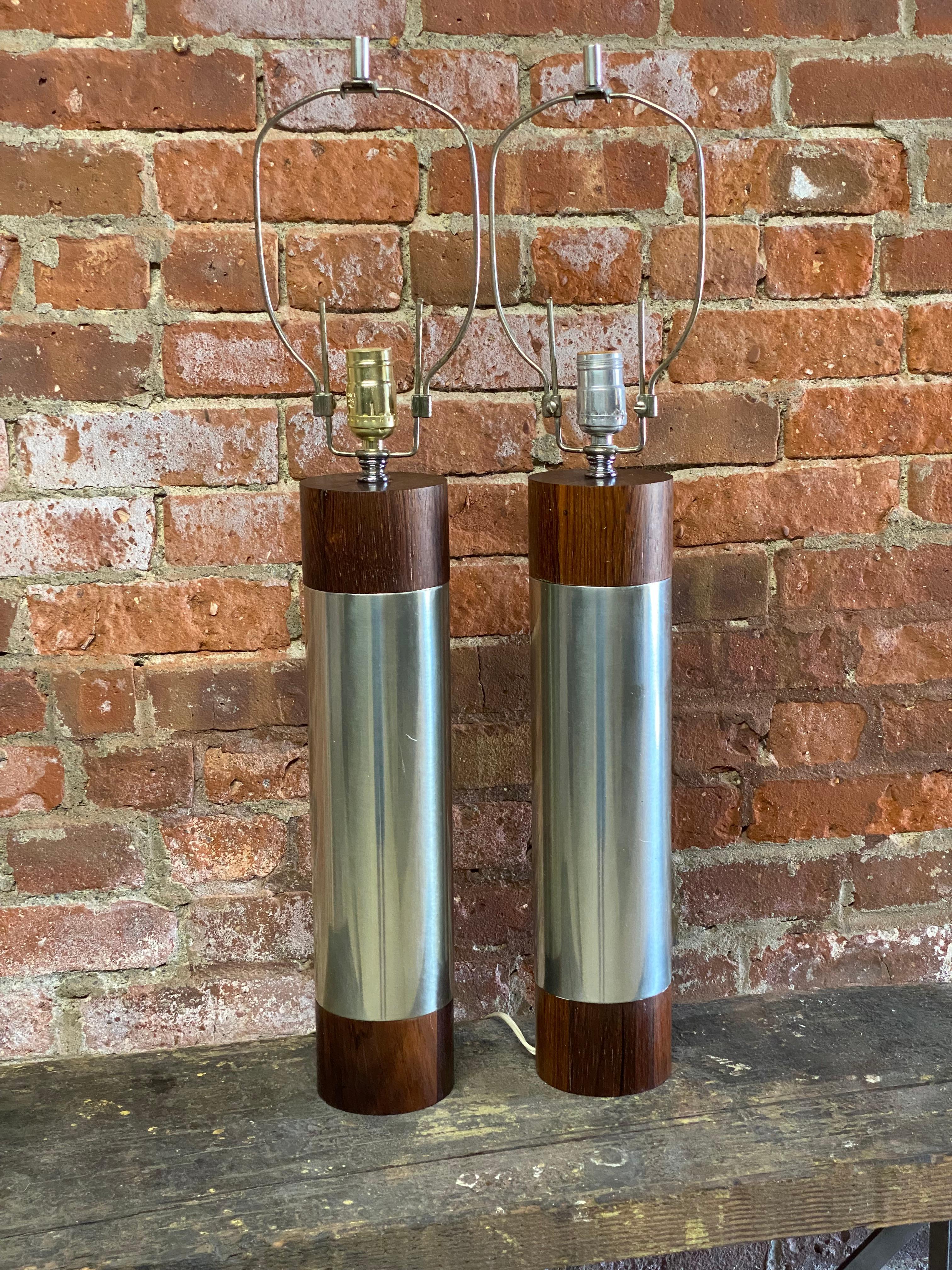 Rosewood and Polished Aluminum Cylinder Table Lamps 1