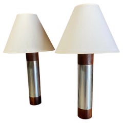Rosewood and Polished Aluminum Cylinder Table Lamps