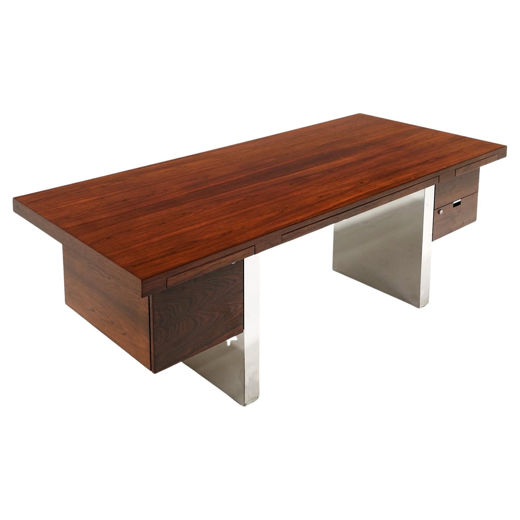 Rosewood and Polished Aluminum Desk by Roger Sprunger for Dunbar.  Restored. For Sale