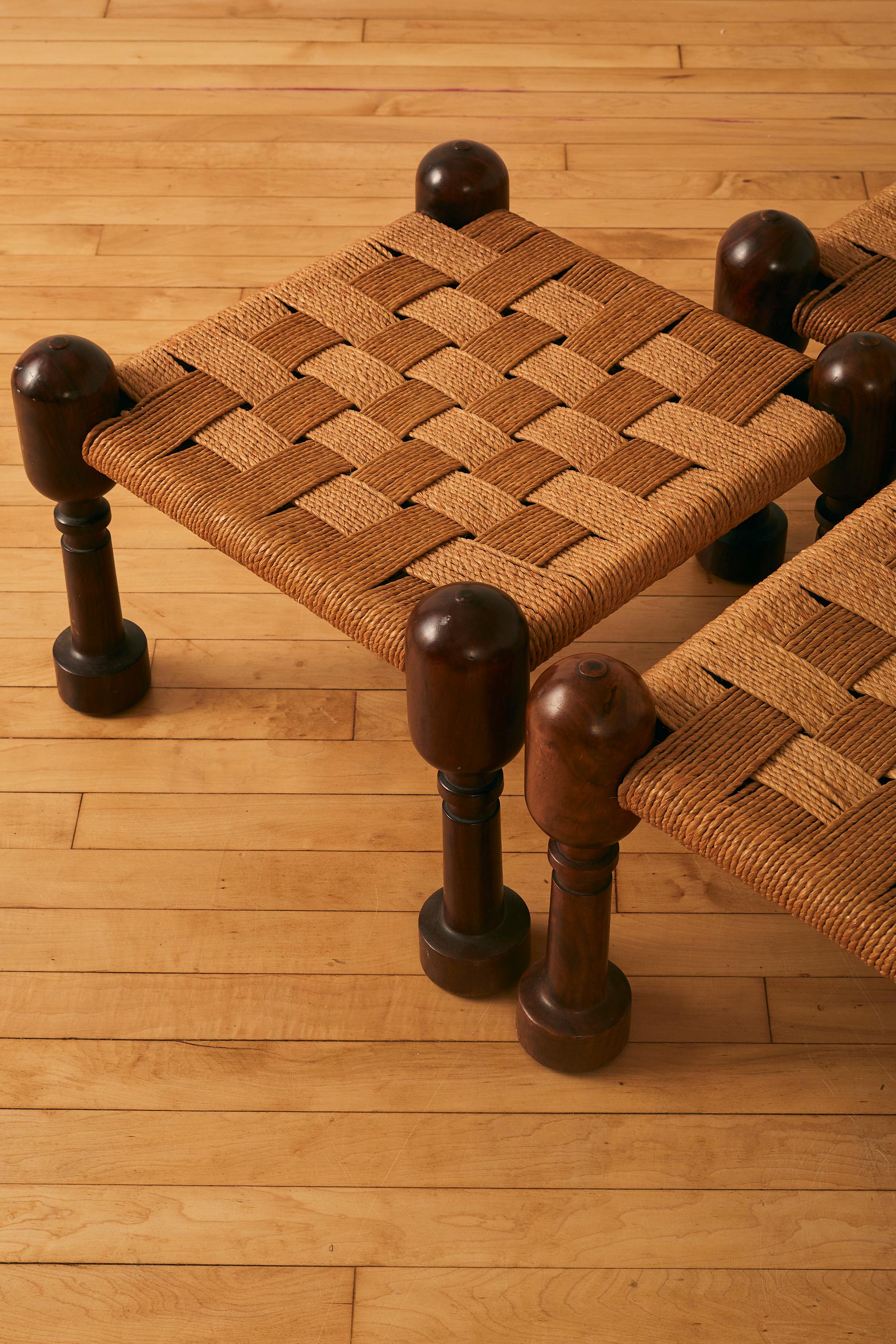 Mid-Century Modern Rosewood and Rattan Footstool by M. Hayat & Bros