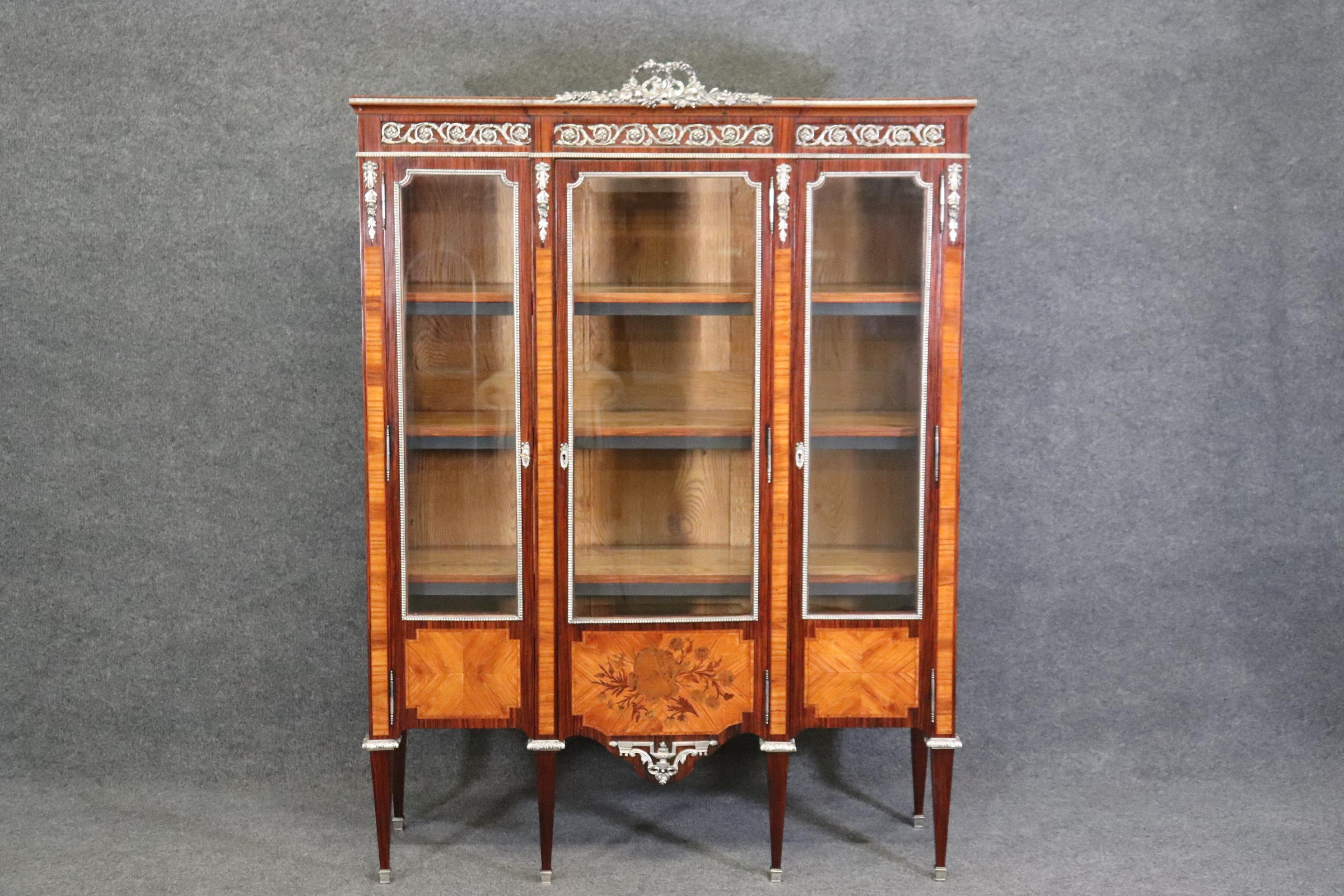 Mid-20th Century Rosewood and Satinwood Silver Plated Bronze Mounted Louis XVI French Vitrine For Sale