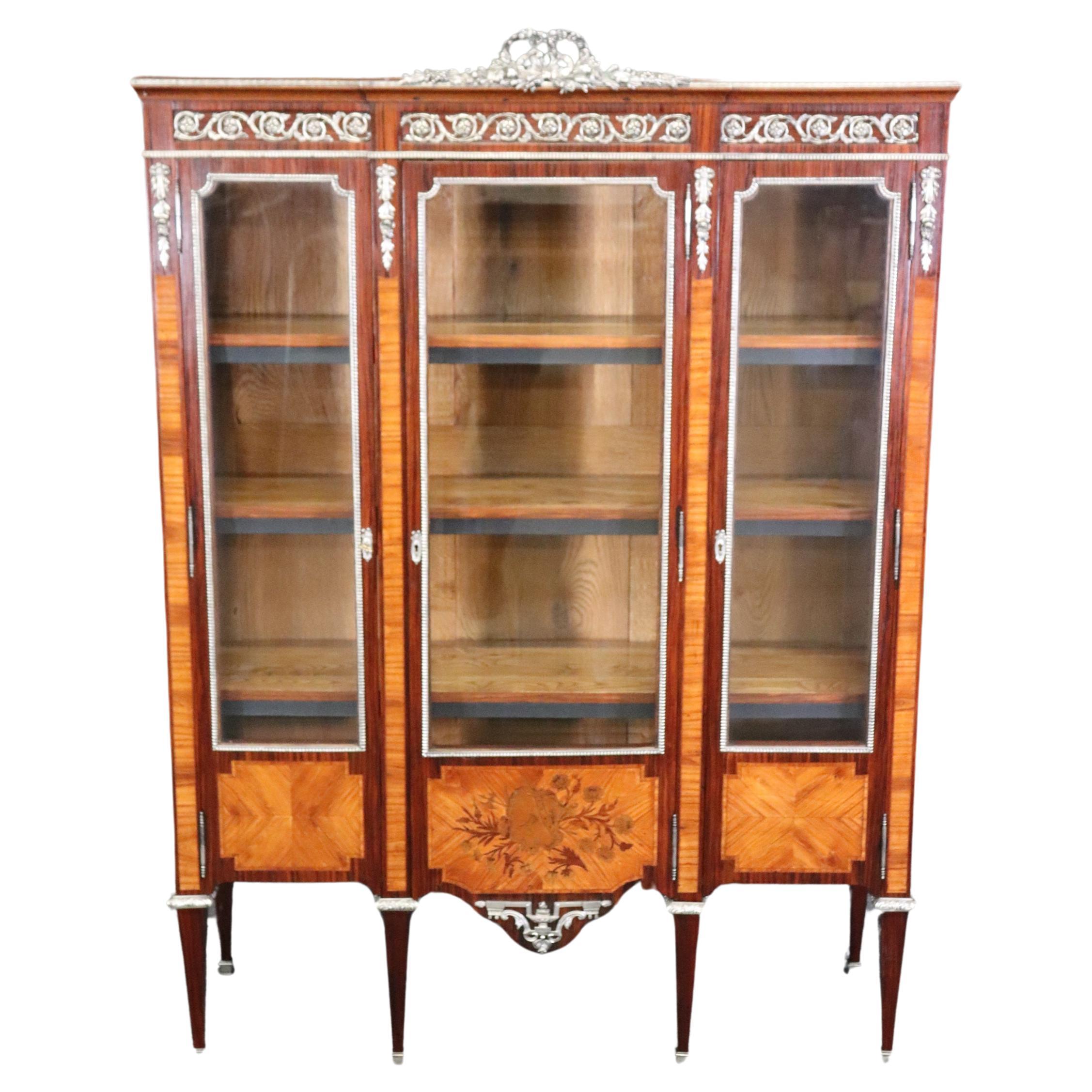 Rosewood and Satinwood Silver Plated Bronze Mounted Louis XVI French Vitrine For Sale