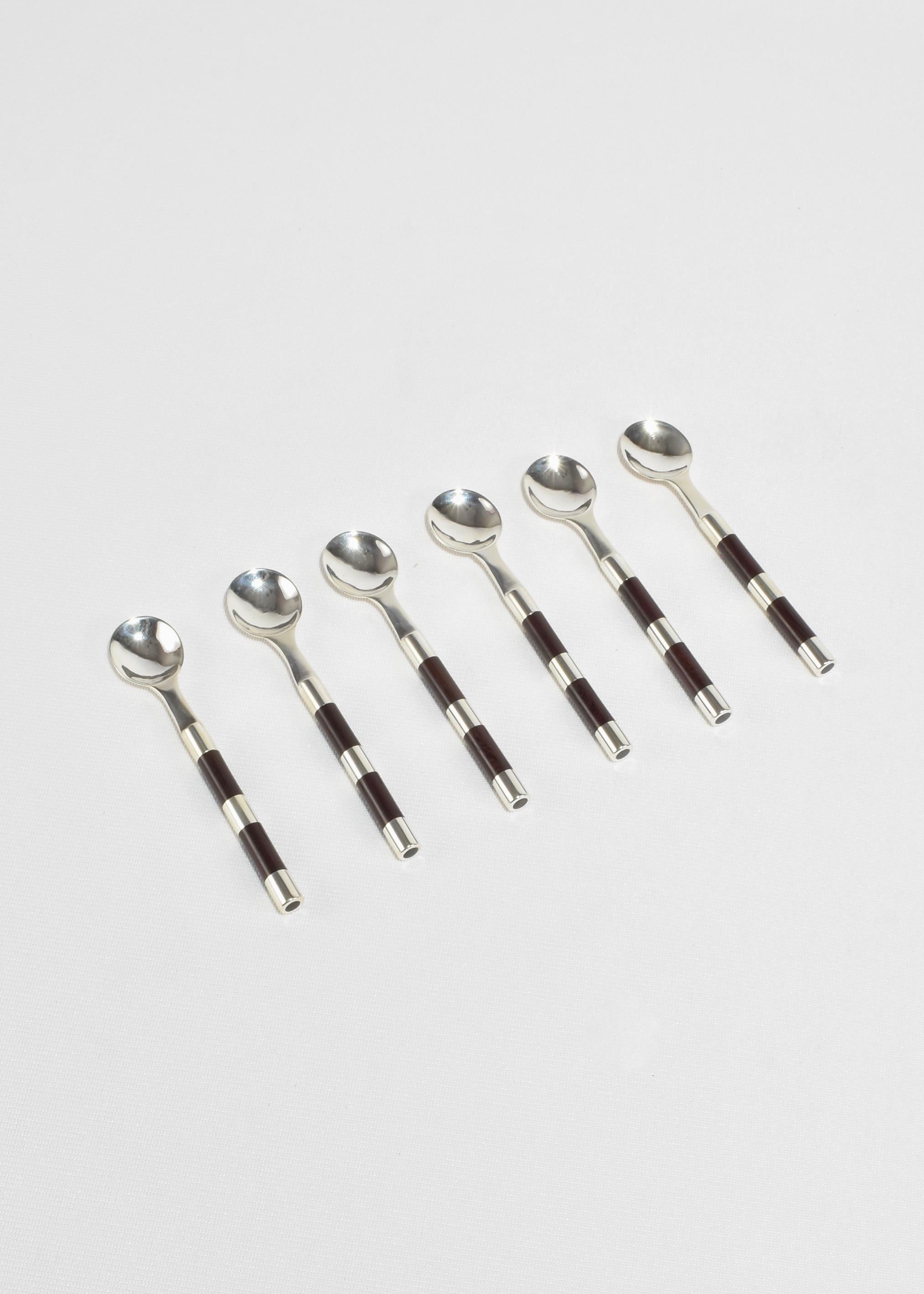Stunning, rosewood and sterling silver striped coffee spoon set of six. Designed by Violante Ulrich, handmade in Taxco, Mexico.