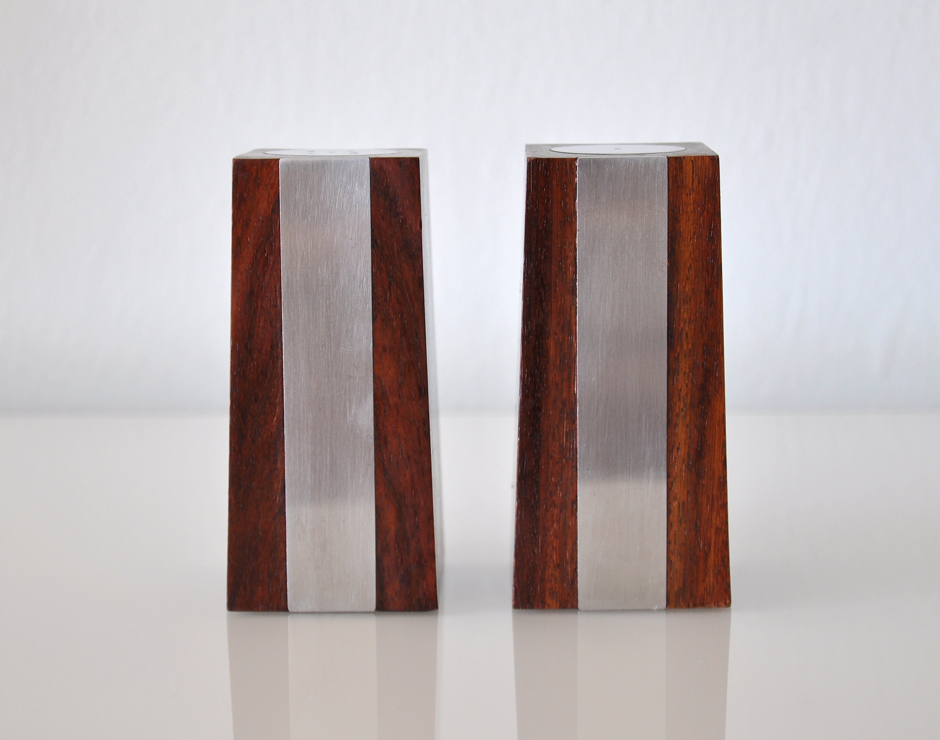 Mid-Century Modern Rosewood and Steel Obelisk Salt and Pepper Shakers For Sale