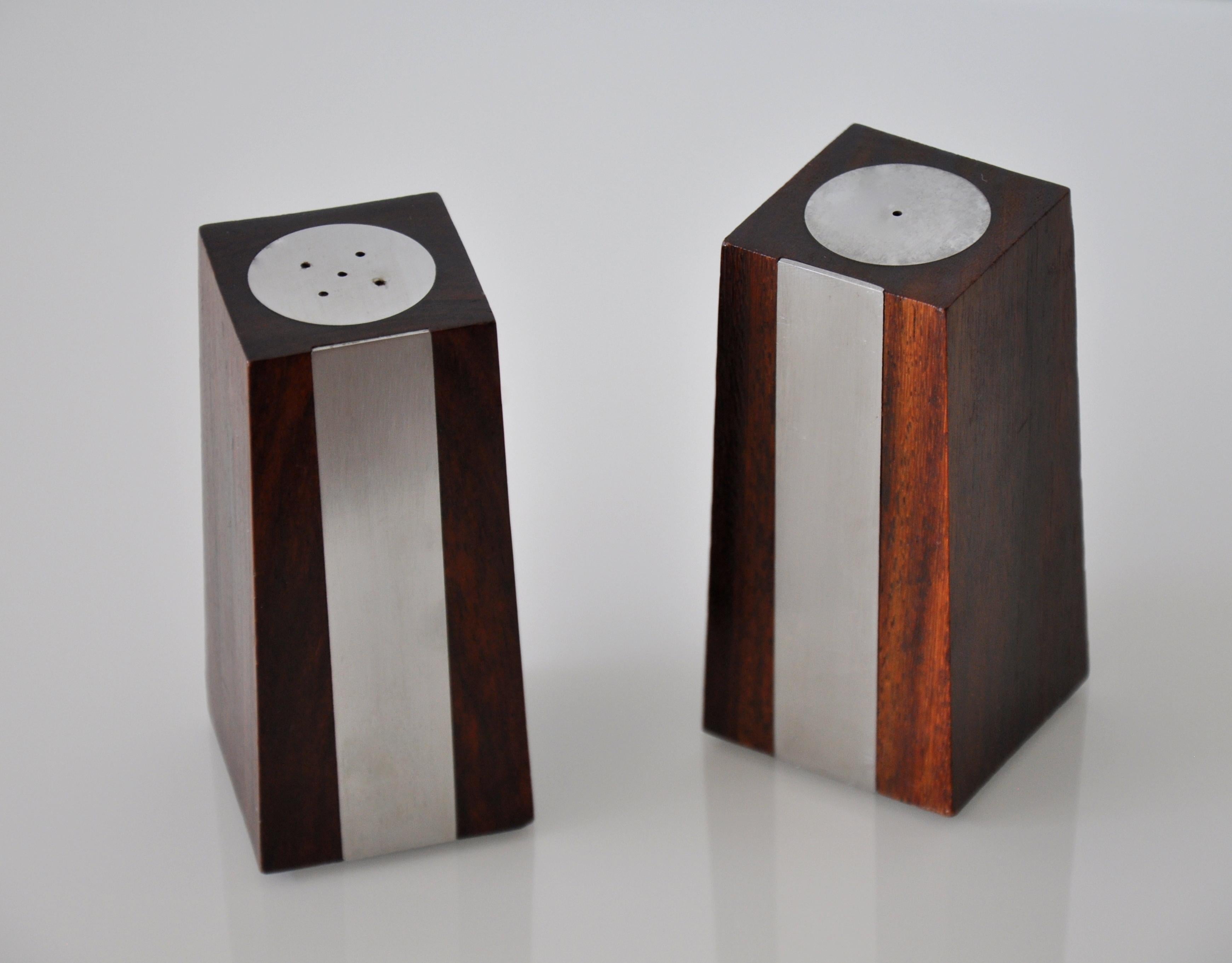 Danish Rosewood and Steel Obelisk Salt and Pepper Shakers For Sale
