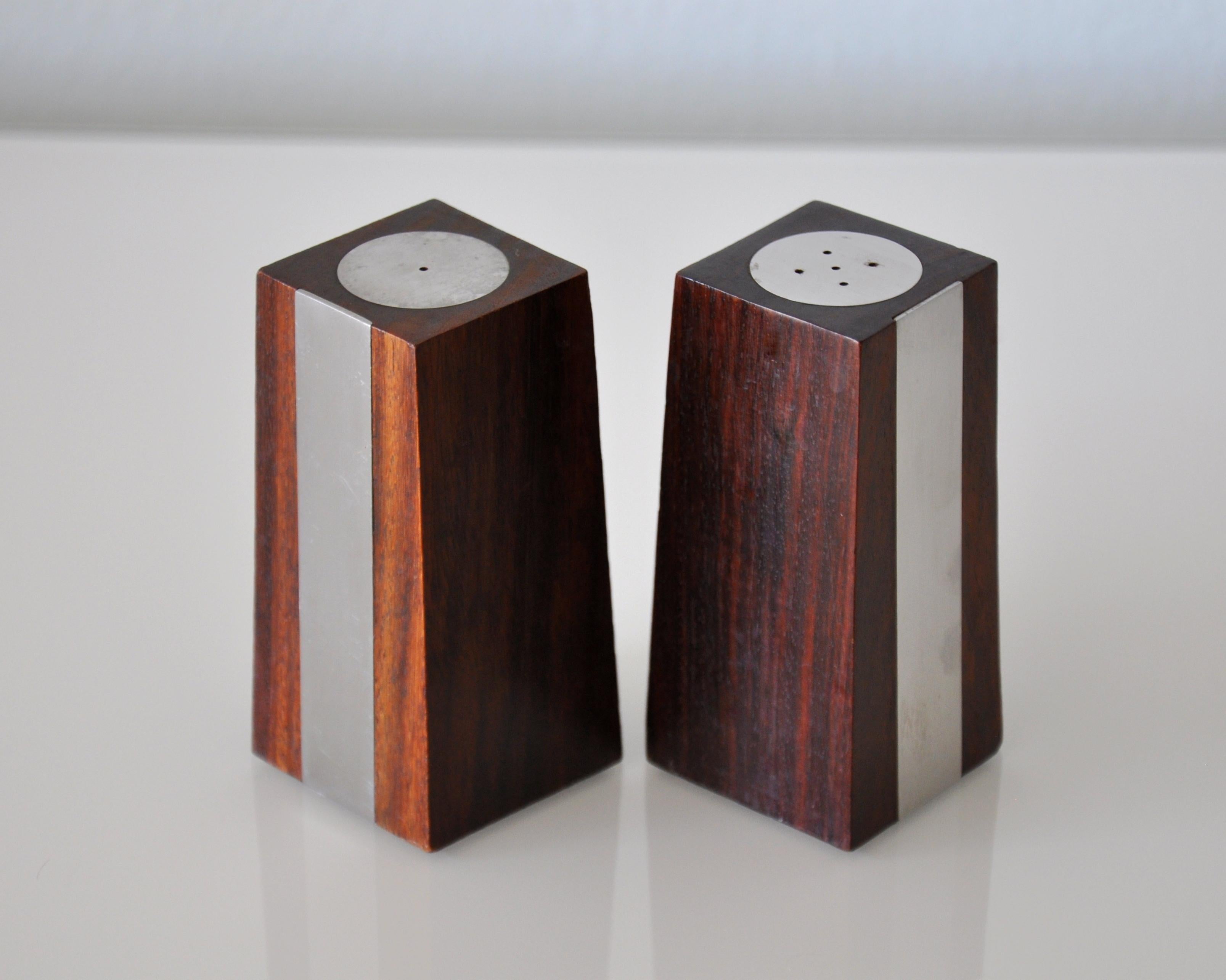 Rosewood and Steel Obelisk Salt and Pepper Shakers For Sale 2