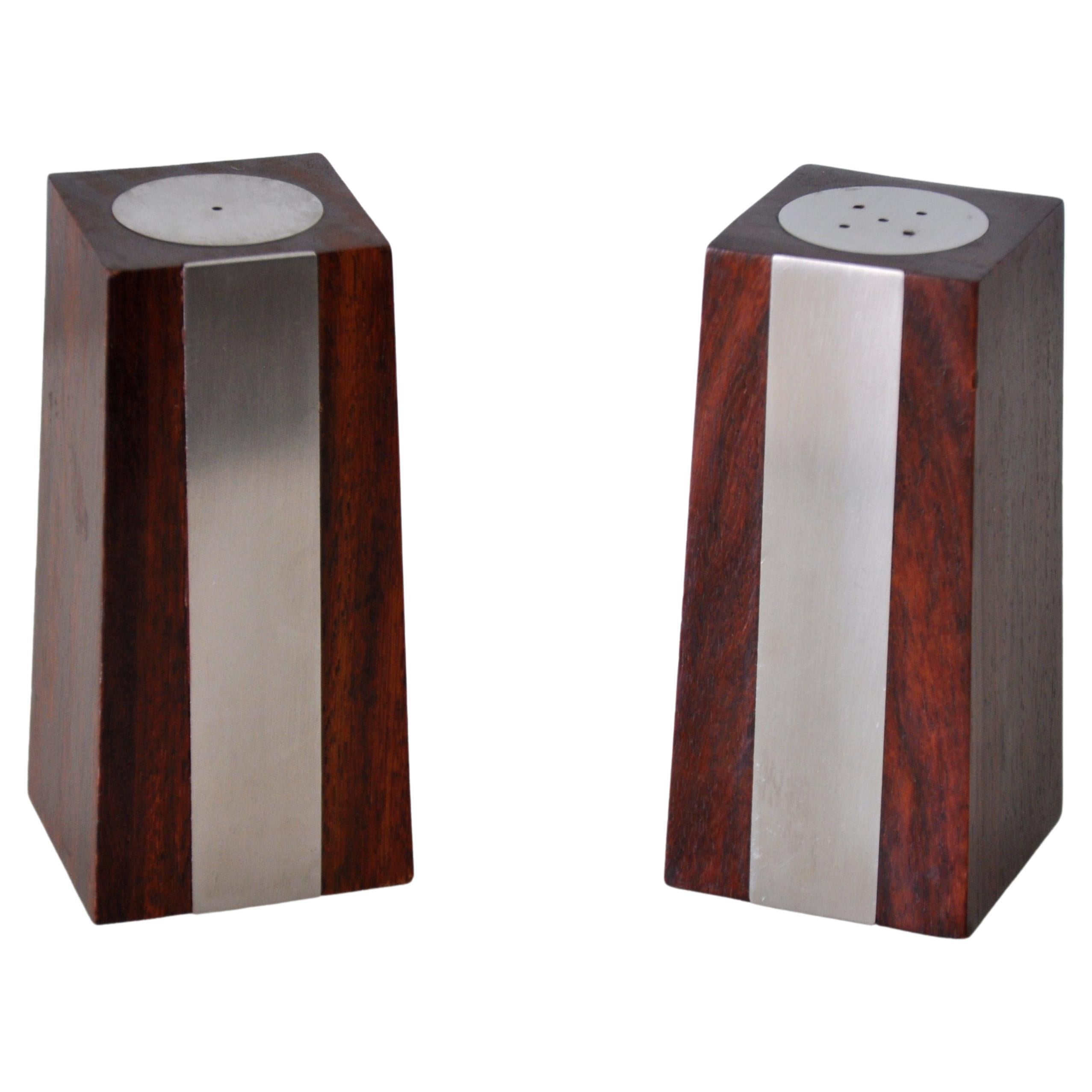 Rosewood and Steel Obelisk Salt and Pepper Shakers For Sale