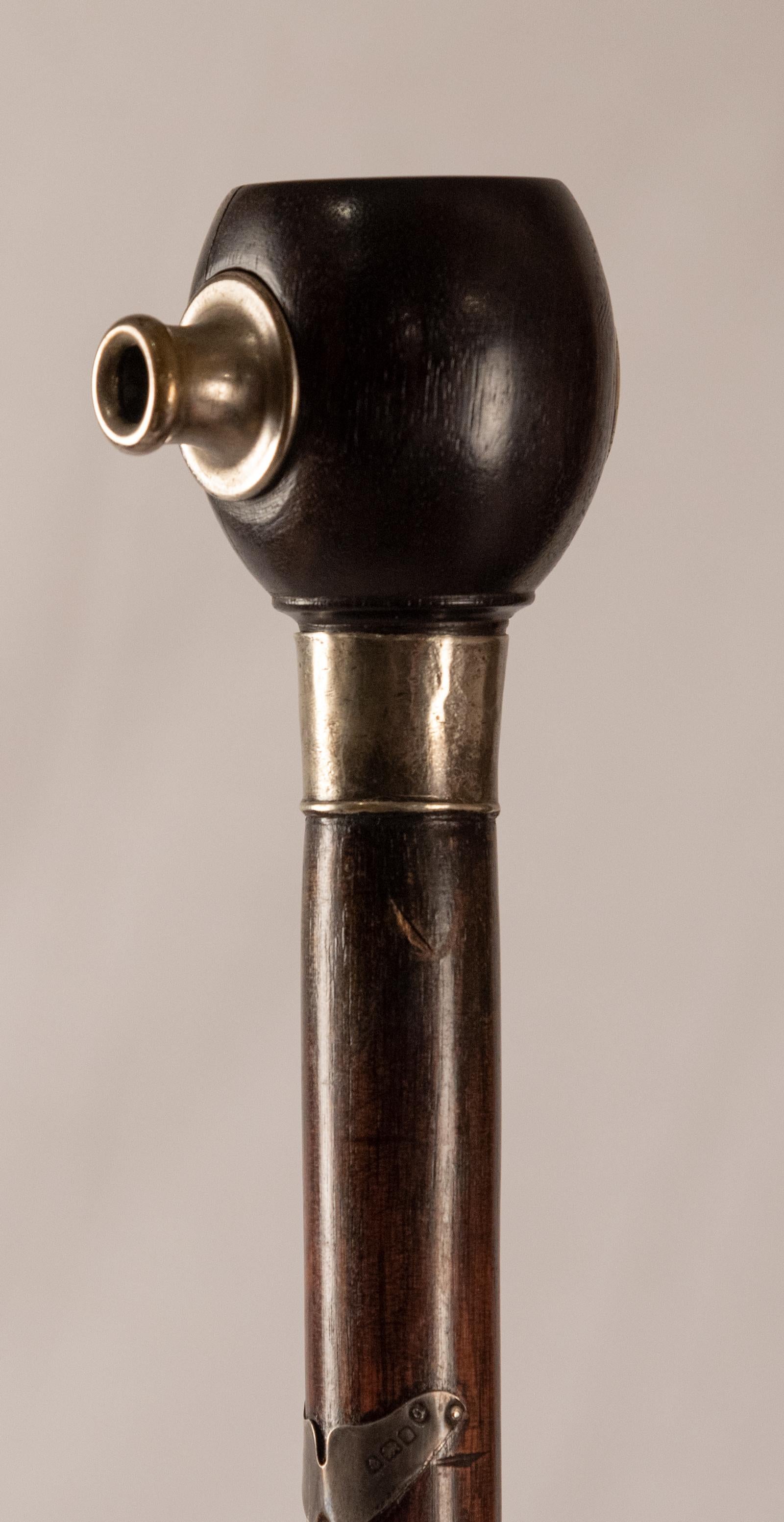 English Rosewood and Sterling Walking Stick with Penny Whistle, circa 1900