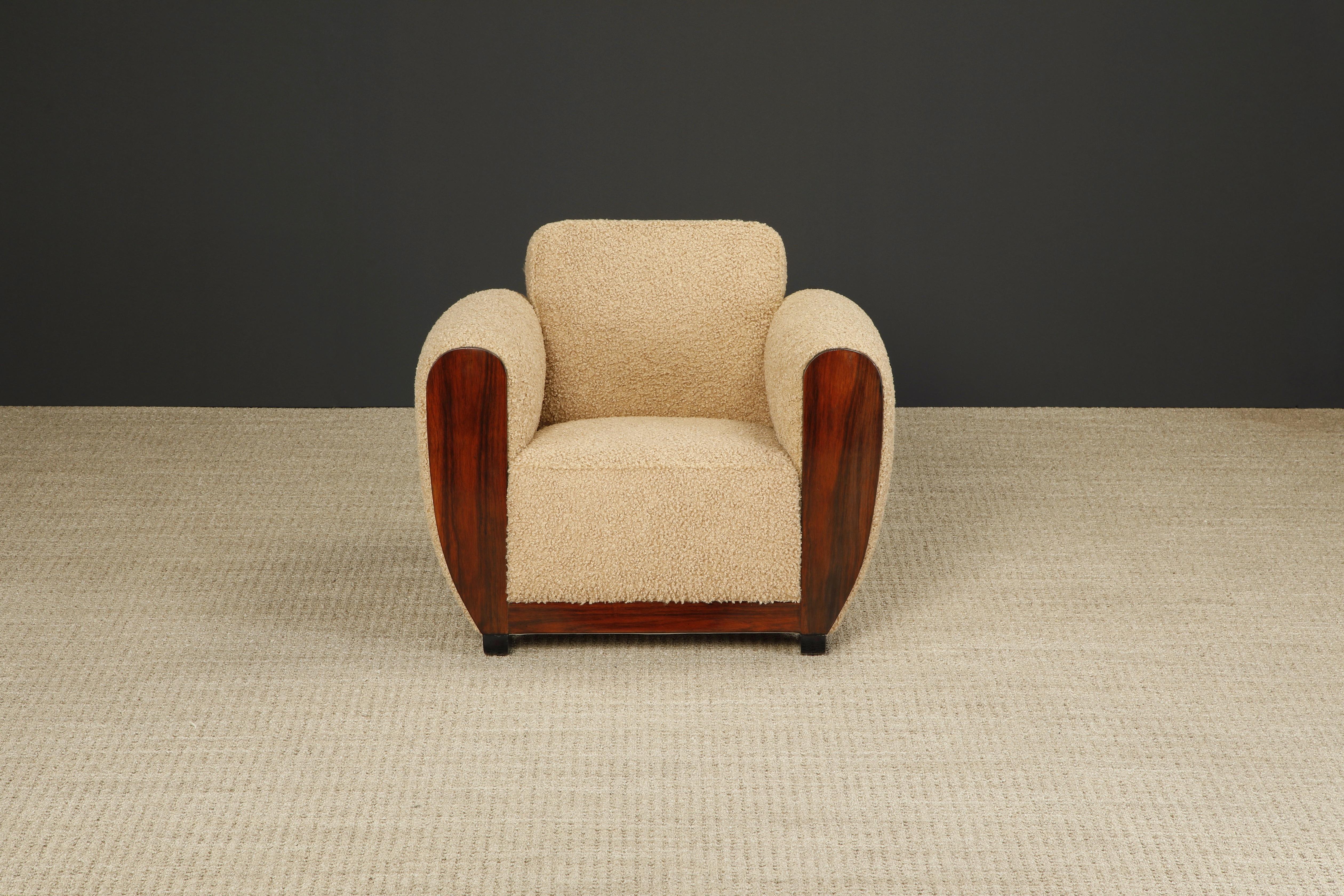 Mid-20th Century Rosewood and Teddy Bear Bouclé Art Deco Club Chairs, c 1930s, Restored