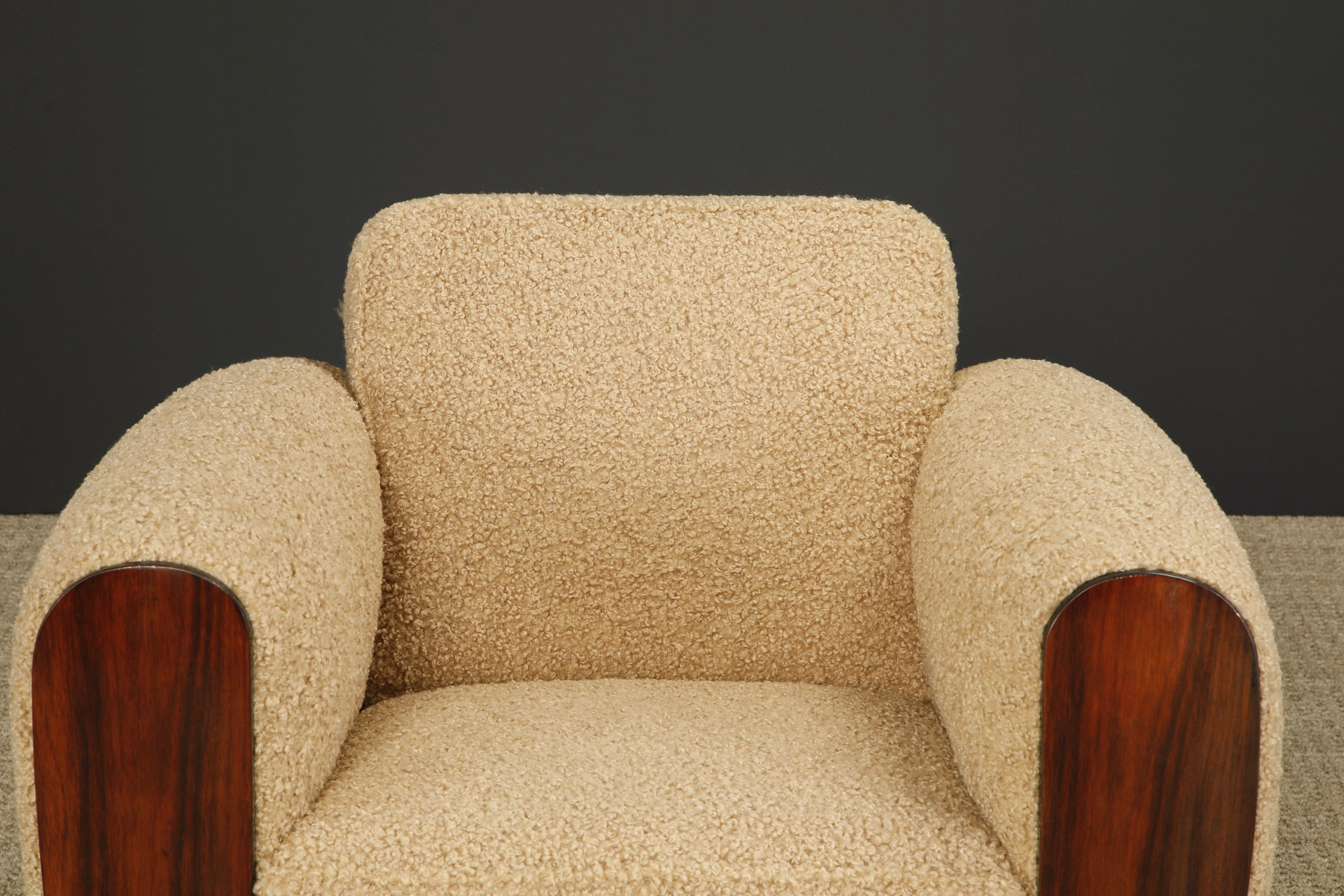 Rosewood and Teddy Bear Bouclé Art Deco Club Chairs, c 1930s, Restored 1