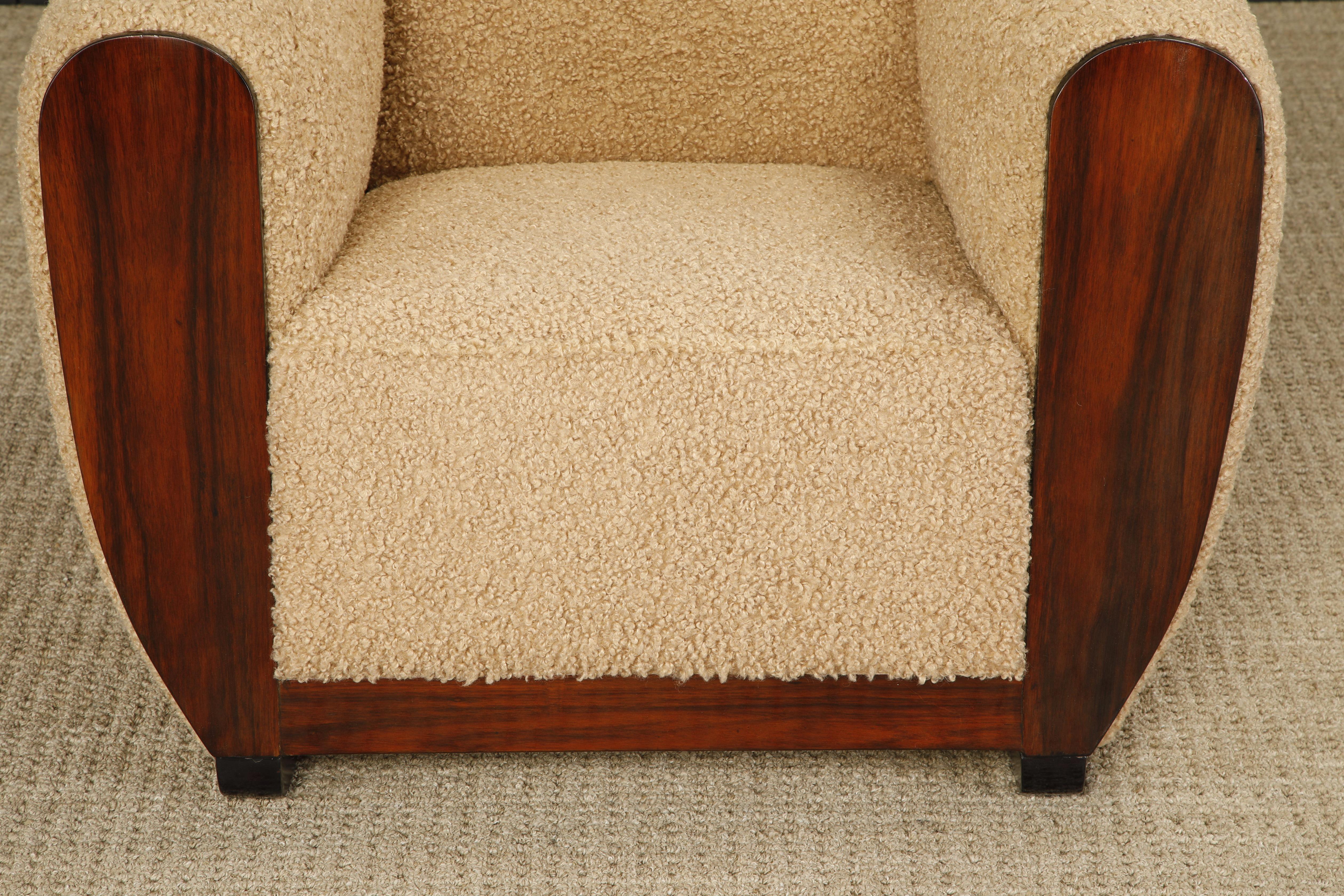Rosewood and Teddy Bear Bouclé Art Deco Club Chairs, c 1930s, Restored 2