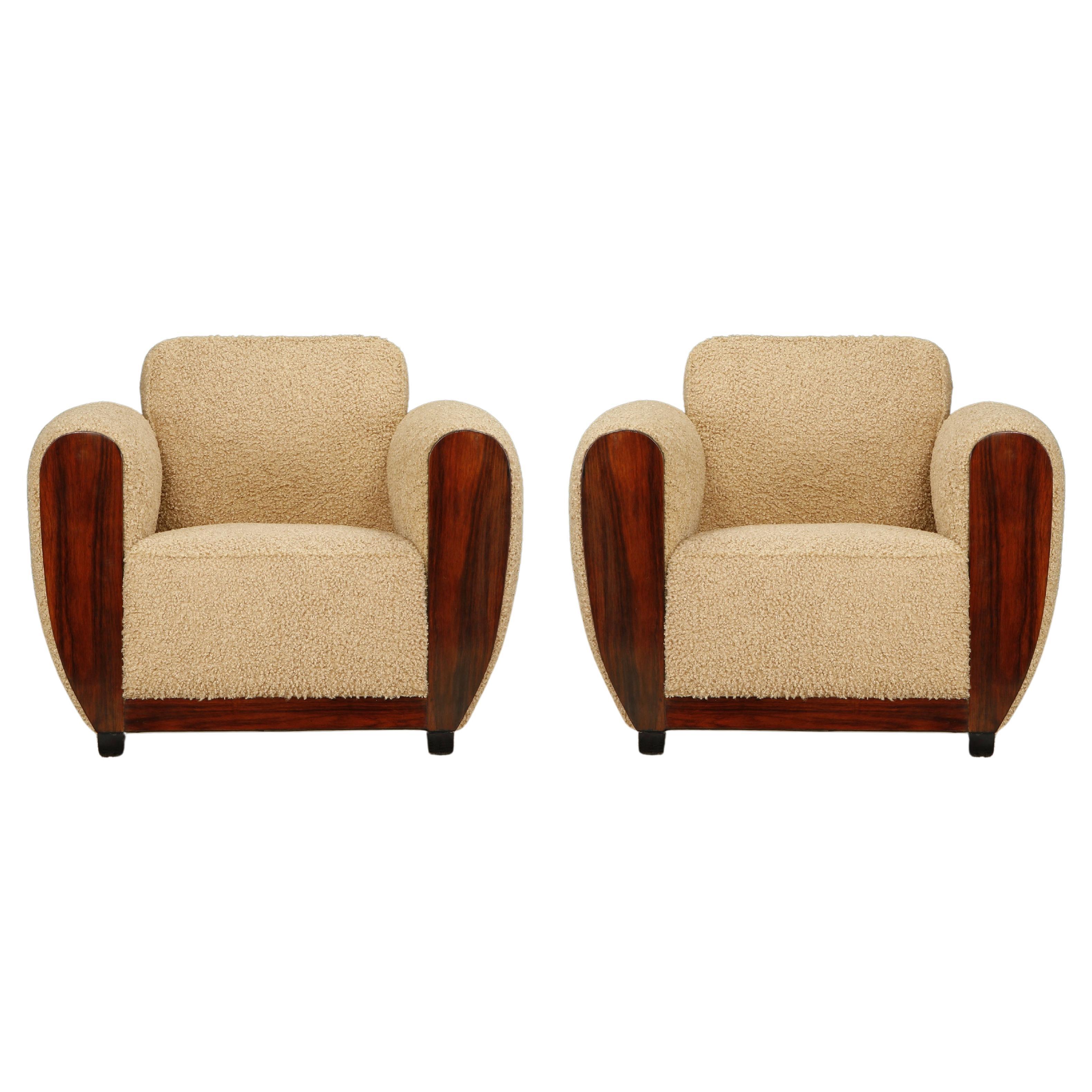 Rosewood and Teddy Bear Bouclé Art Deco Club Chairs, c 1930s, Restored