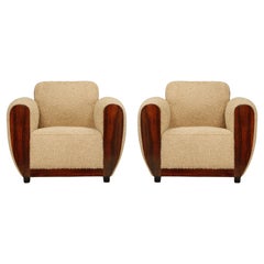 Rosewood and Teddy Bear Bouclé Art Deco Club Chairs, c 1930s, Restored