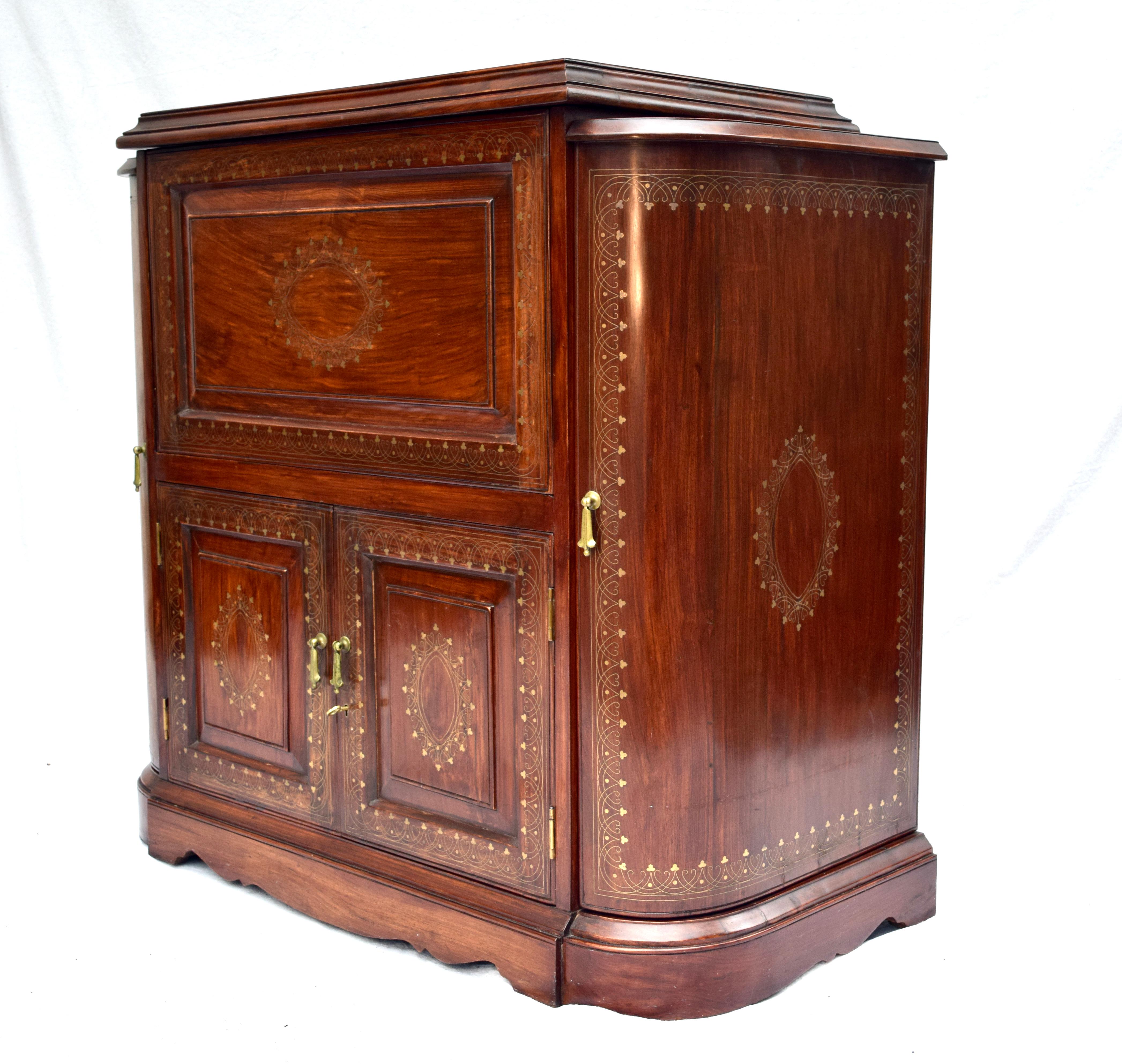 Brass Rosewood Anglo Indian Dry Bar or Display Cabinet by M. Hayat & Bros. Ltd For Sale