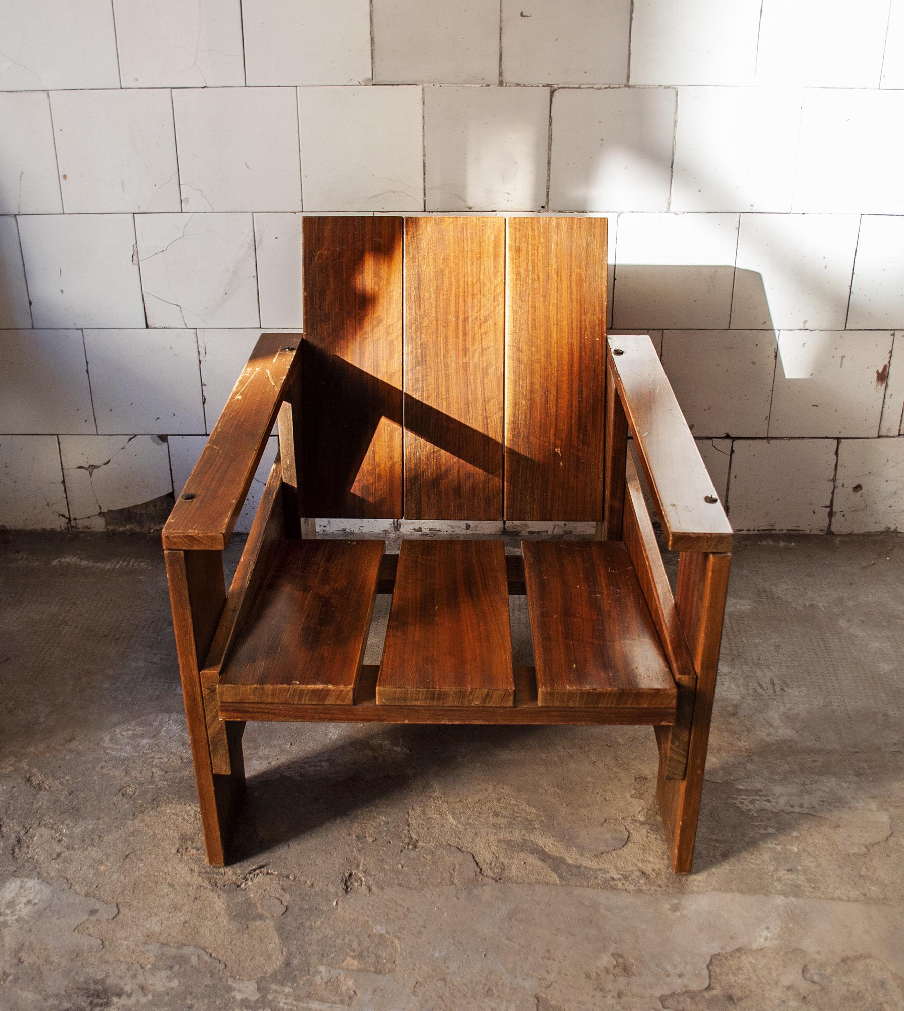 Italian Rosewood Armchair with Brass Screws, Inspired by Gerrit Rietveld Bauhaus, 1950s For Sale