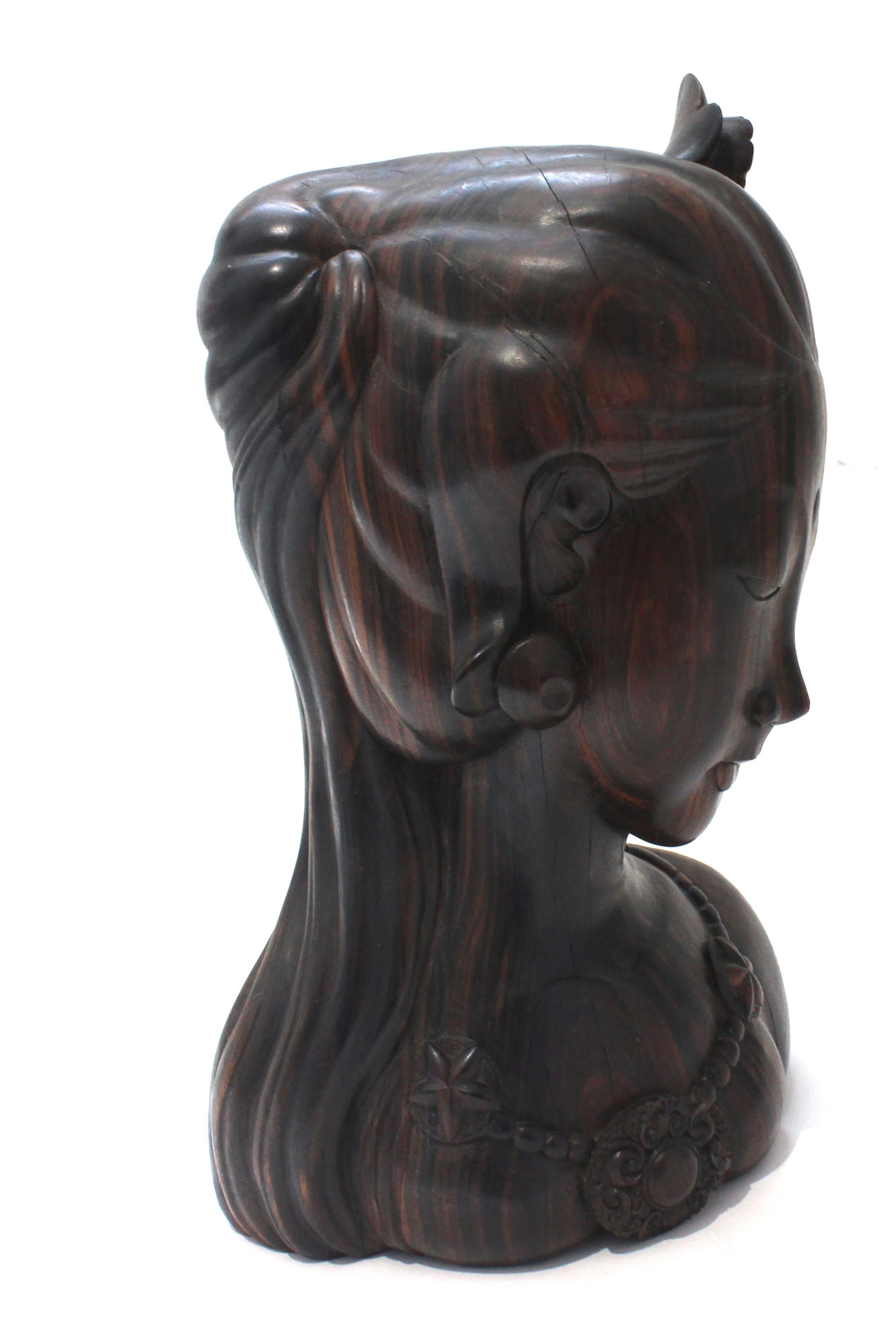 Romantic Rosewood Balinese Bust of a Young Woman For Sale