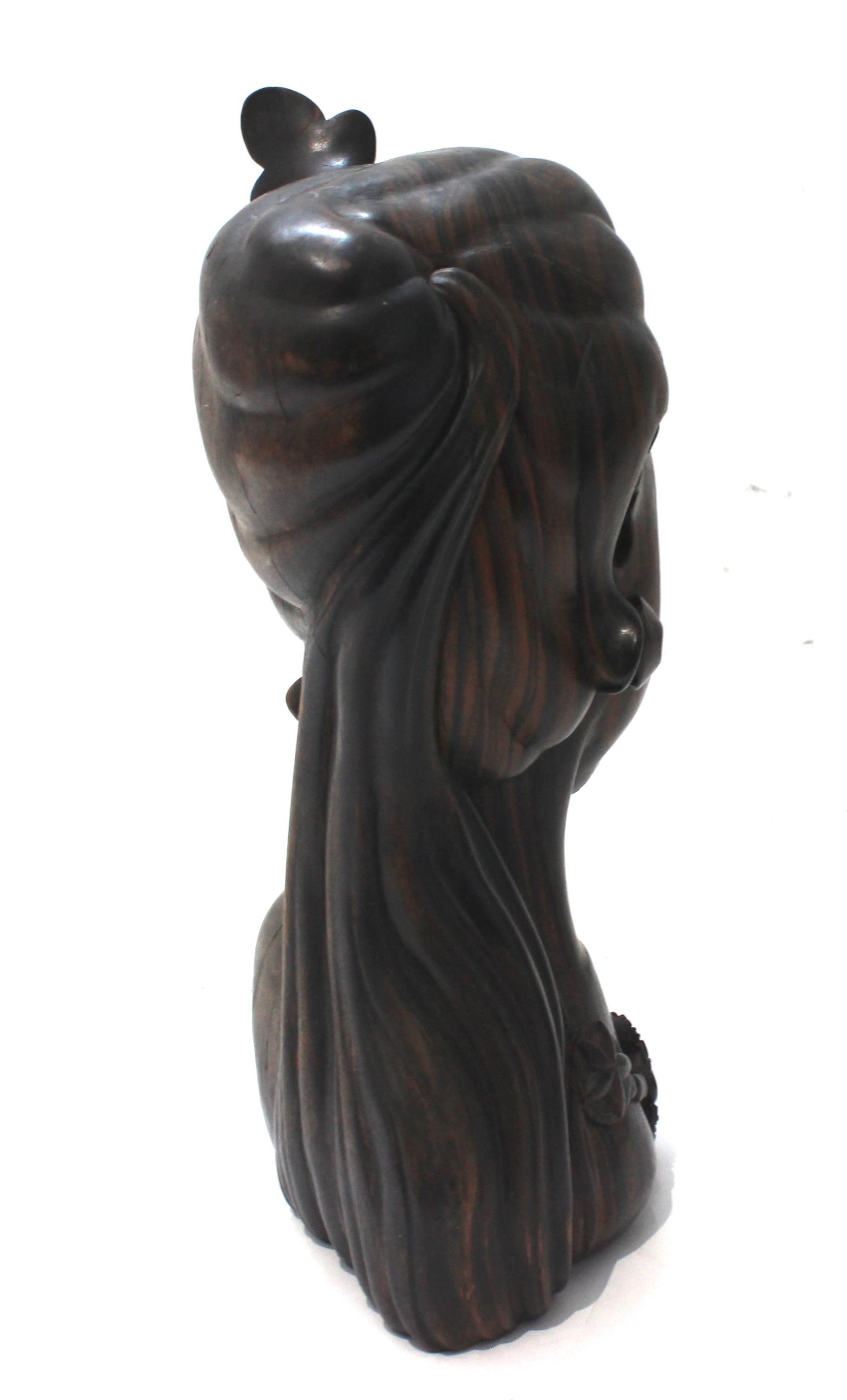 Hand-Carved Rosewood Balinese Bust of a Young Woman For Sale