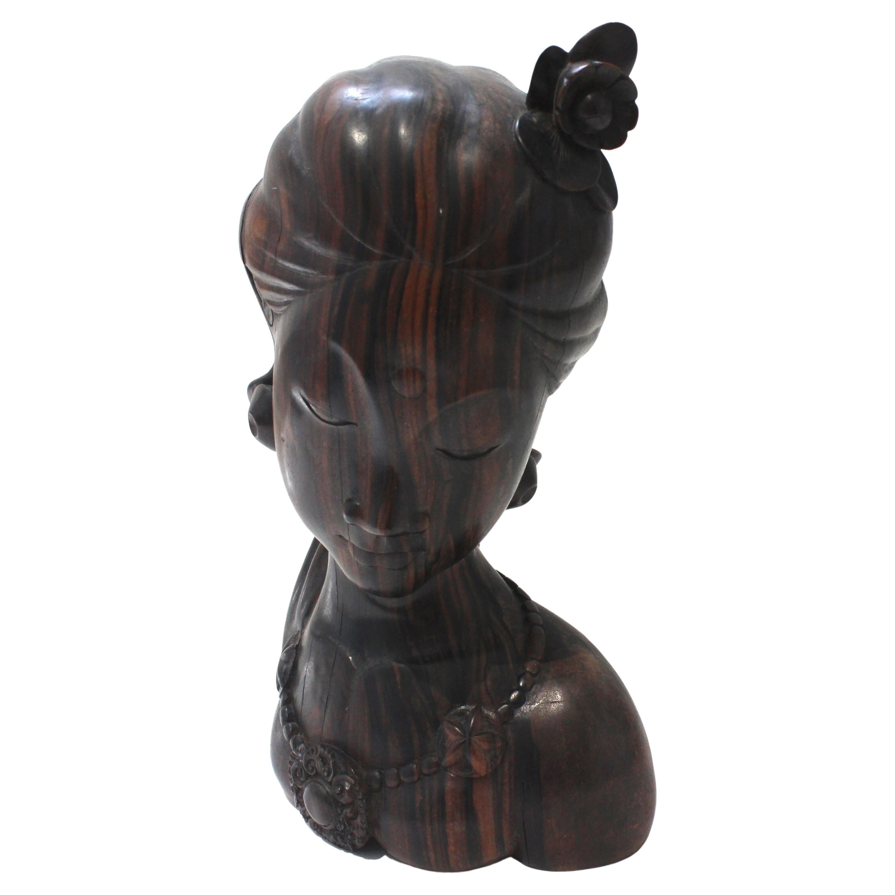 Rosewood Balinese Bust of a Young Woman