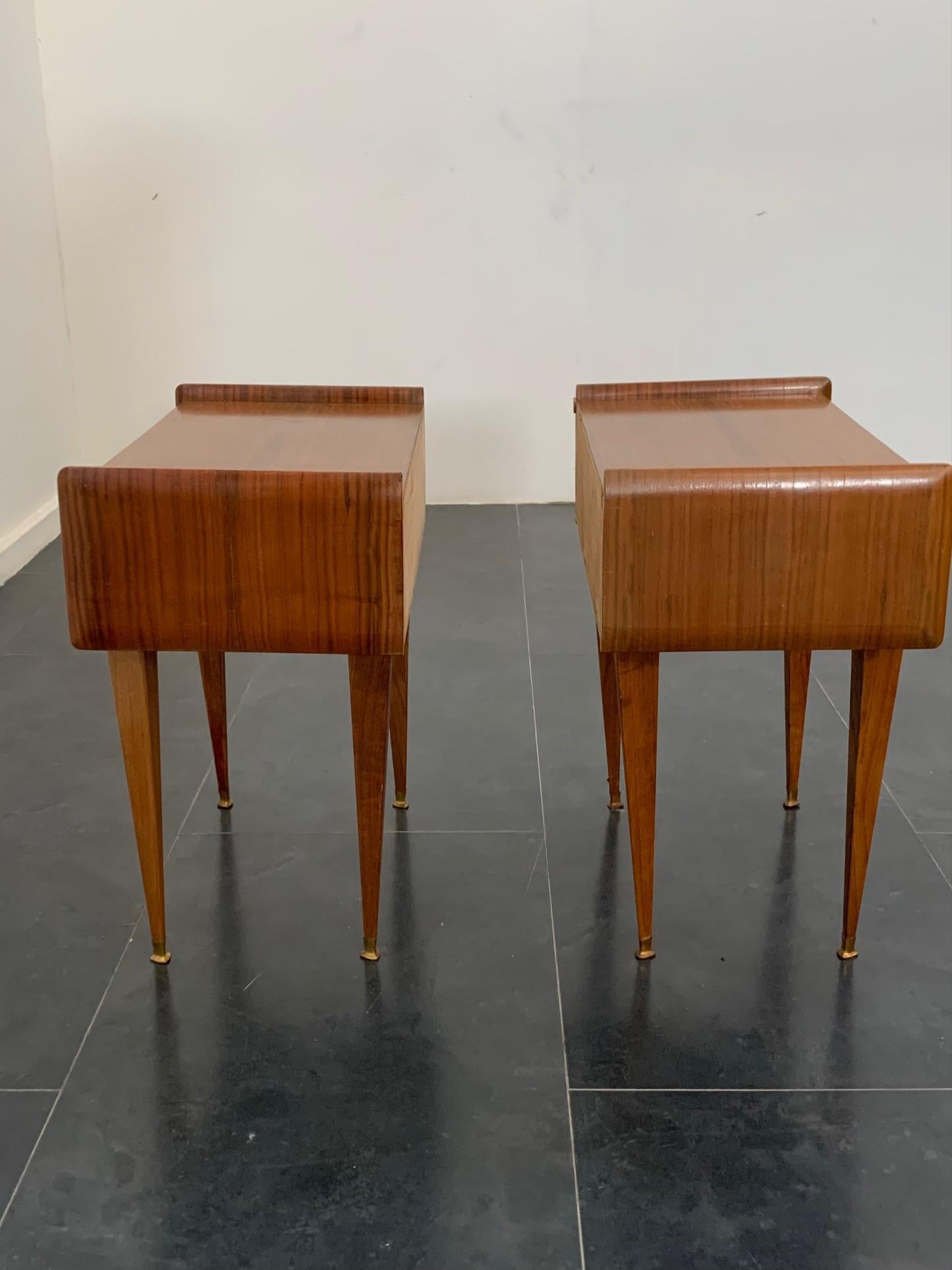 Mid-Century Modern Rosewood Bedside Tables with Brass Tips, 1950s, Set of 2 For Sale