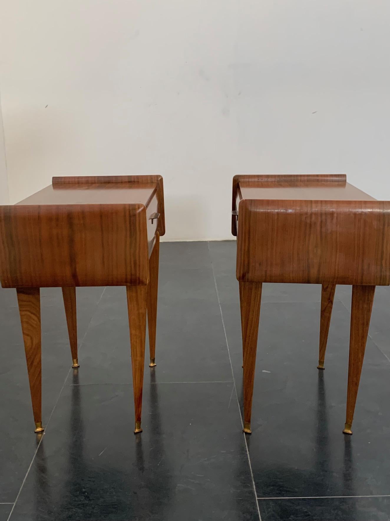 Italian Rosewood Bedside Tables with Brass Tips, 1950s, Set of 2 For Sale