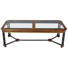 Vintage Rosewood Black Lacquer Rectangular Faux Bamboo Coffee Table Beveled Glass Top