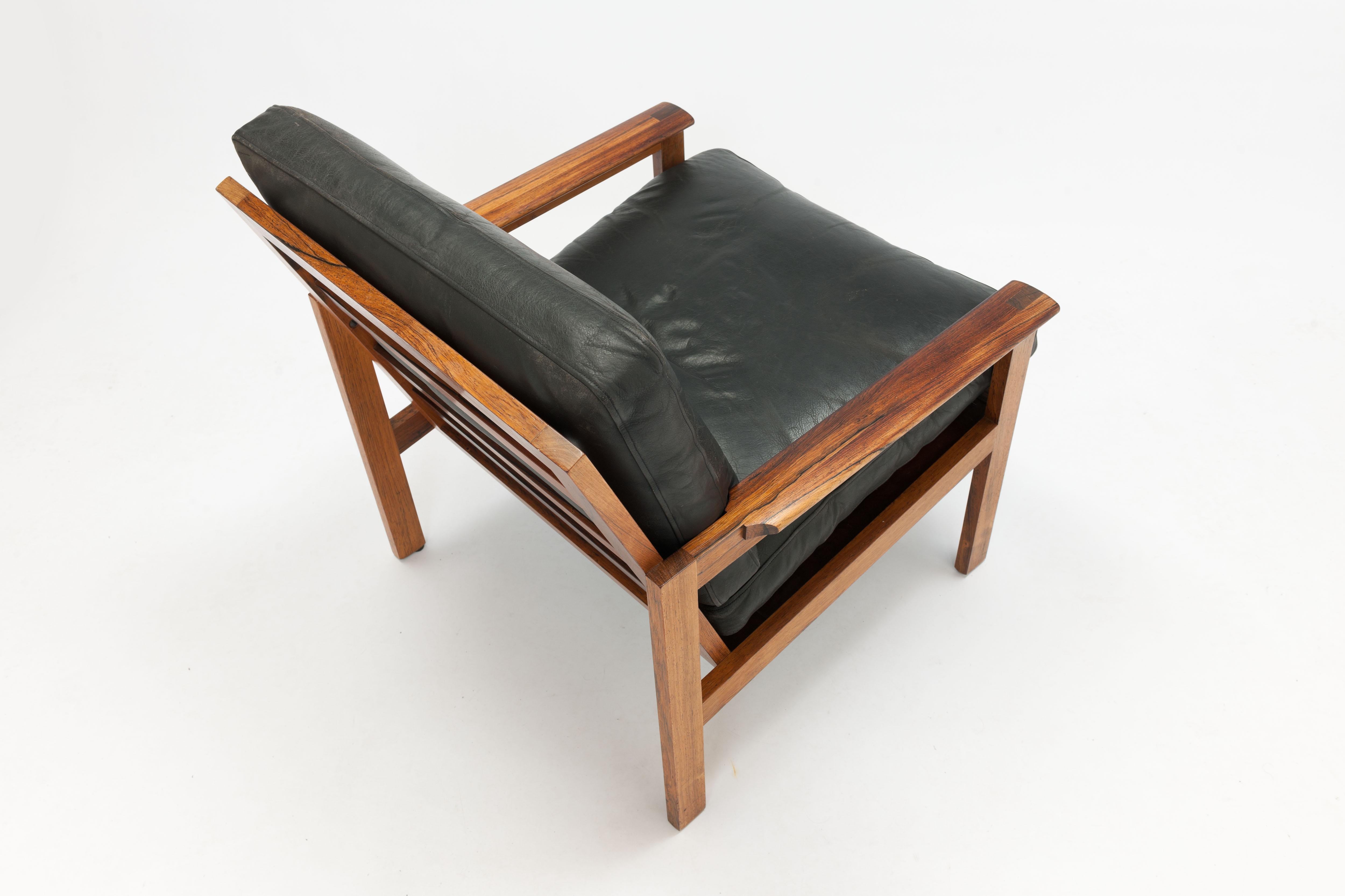 Scandinavian Modern Rosewood & Black Leather Capella Arm Chair by Illum Wikkelsø, Pair Available