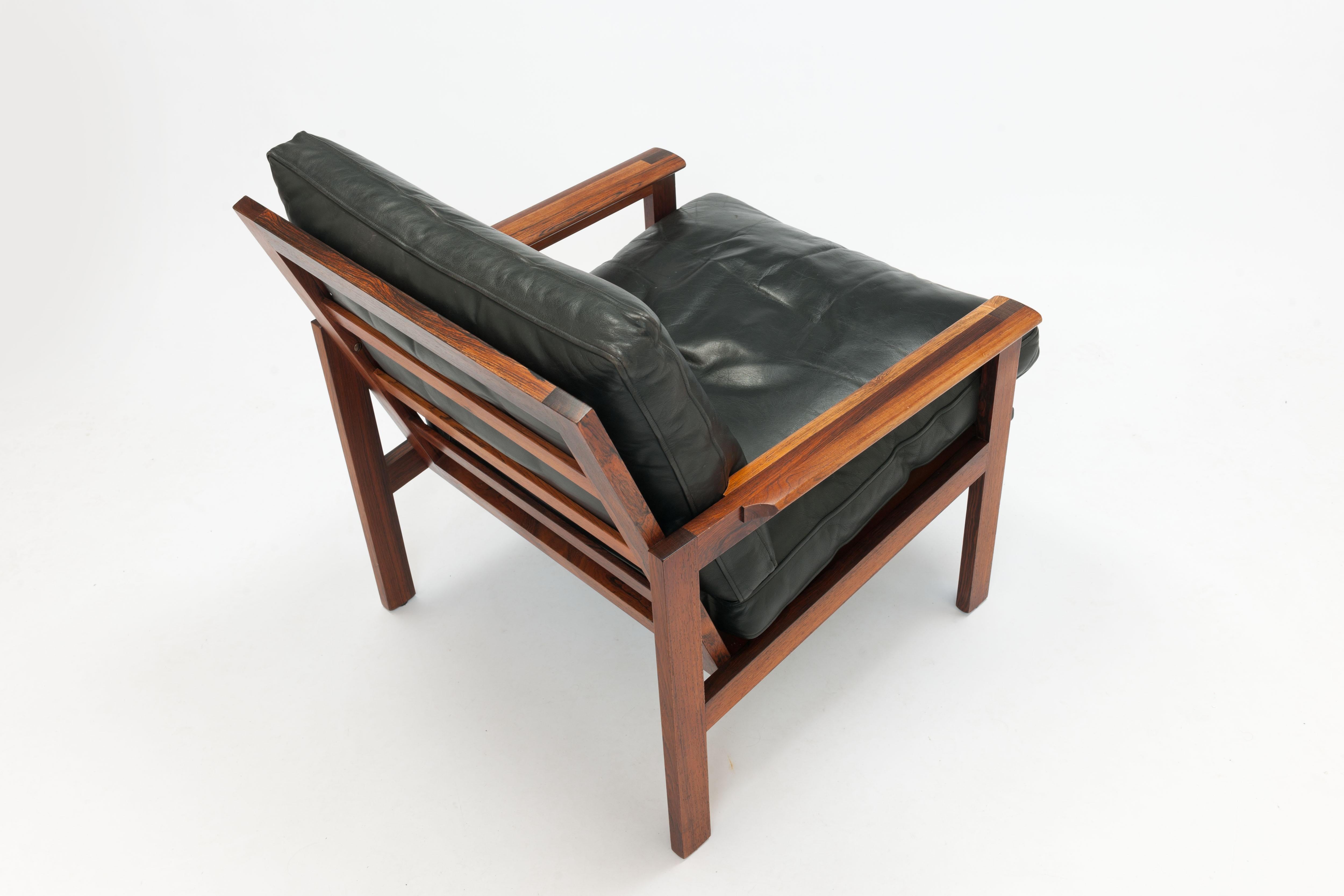 Scandinavian Modern Rosewood & Black Leather Capella Arm Chair by Illum Wikkelsø, Pair Available