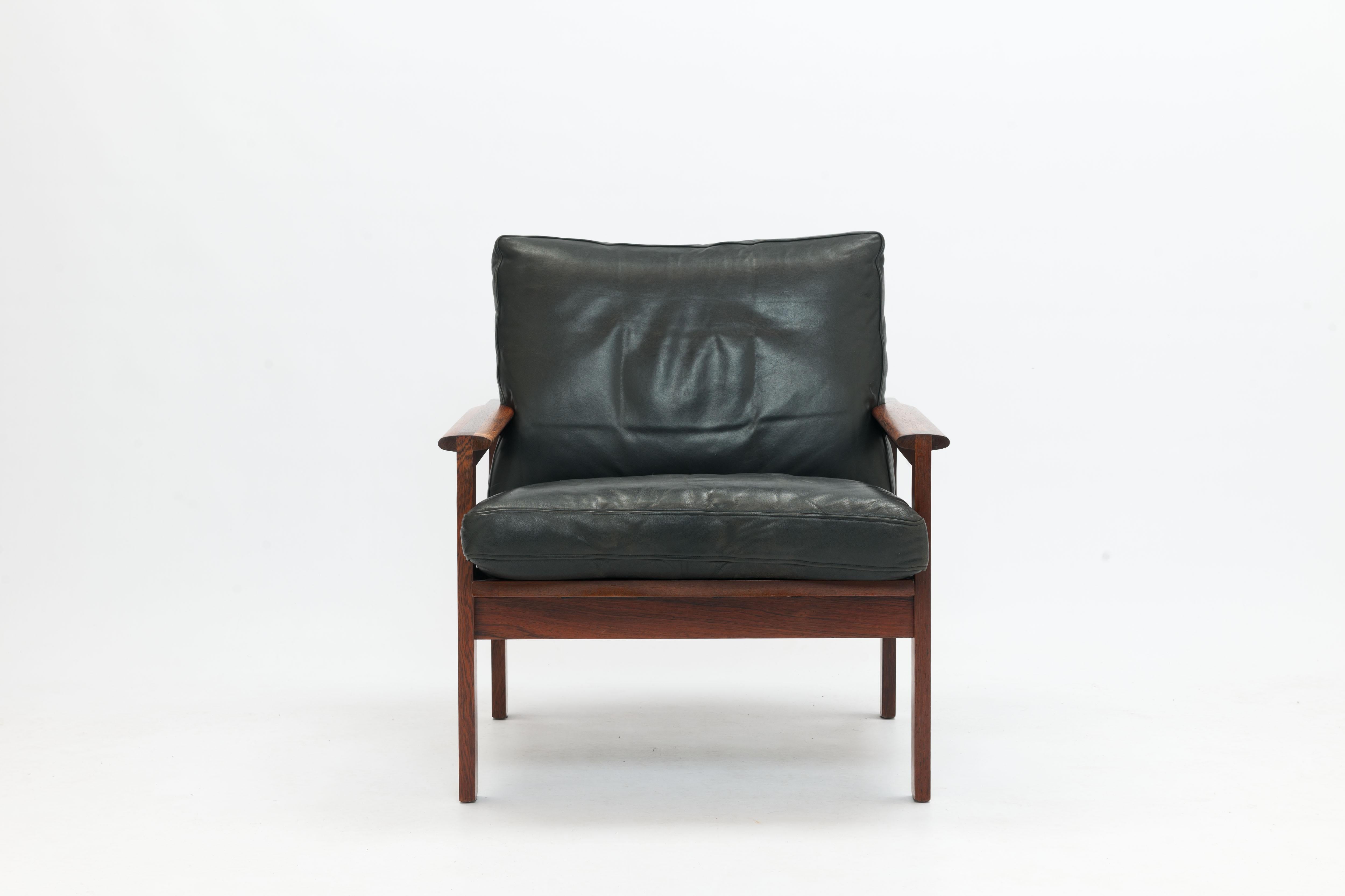 Mid-20th Century Rosewood & Black Leather Capella Arm Chair by Illum Wikkelsø, Pair Available