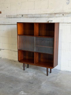 Rosewood Bookcase with Ribbed Sliding Glass Doors MCM Denmark 1960s