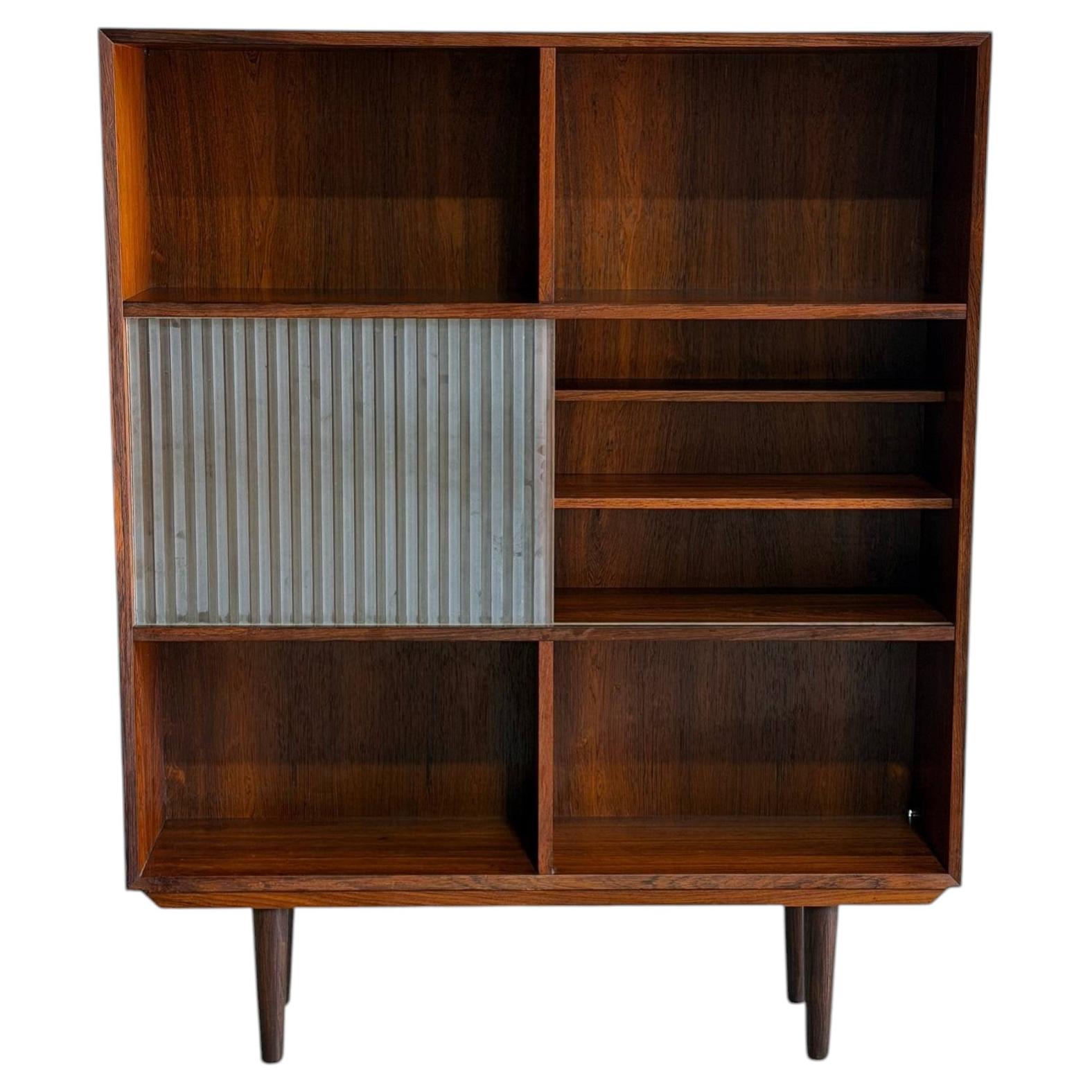 Rosewood Bookcase with Ribbed Sliding Glass Doors MCM Denmark 1960s