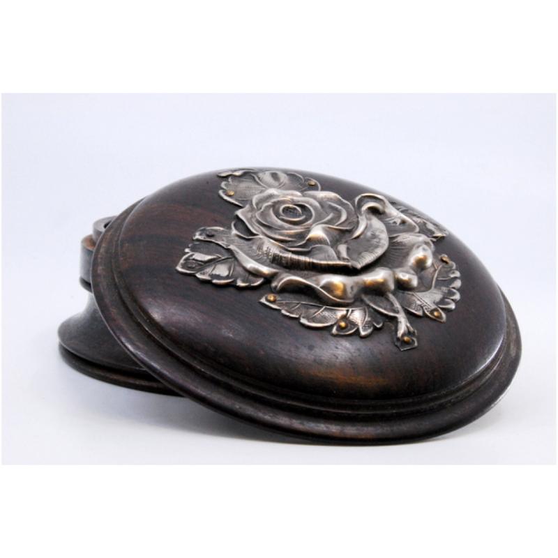 20th Century Rosewood box with silver application on the lid in the shape of a flower For Sale