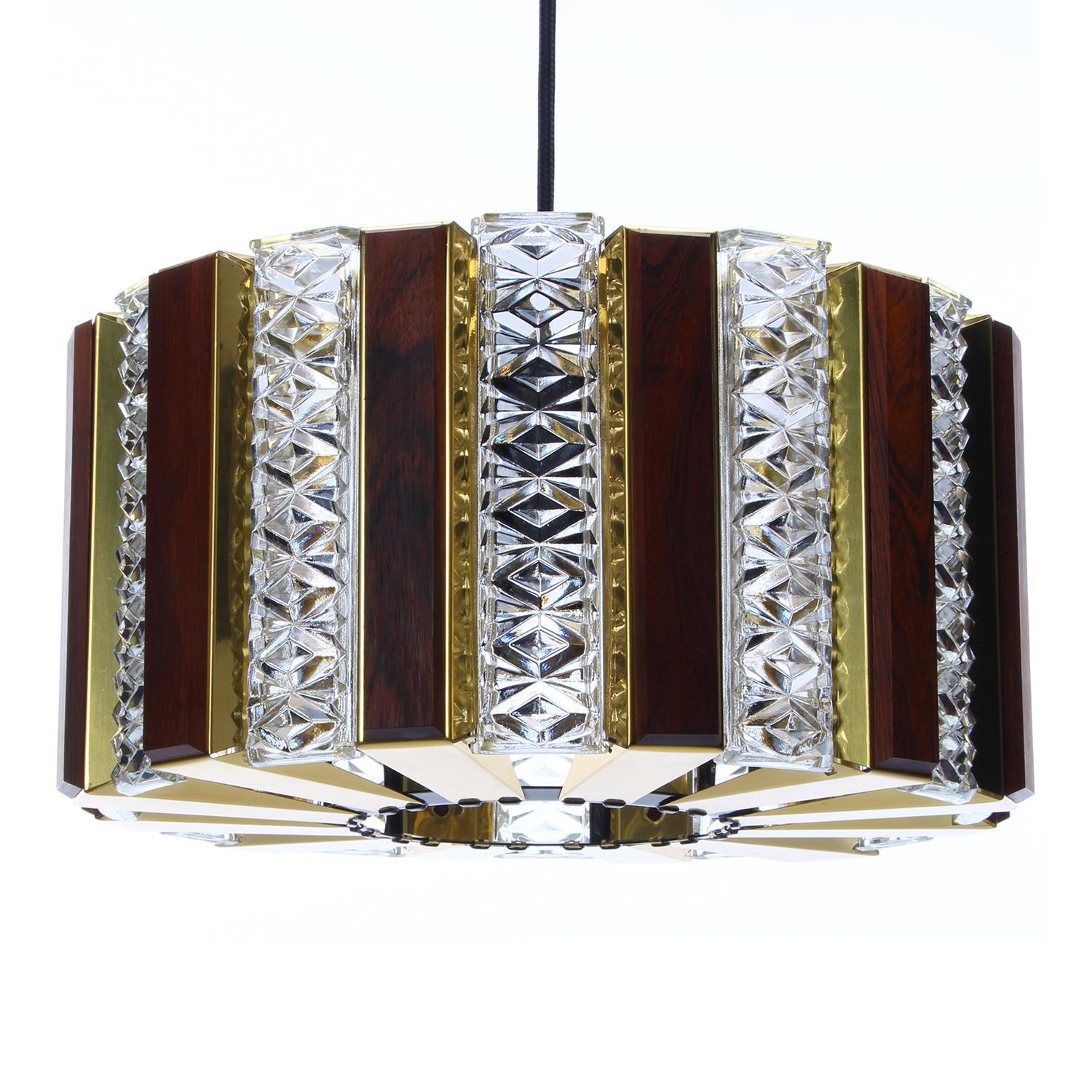 Danish Brass and Glass Pendant Light with wood by Coronell, 1970s