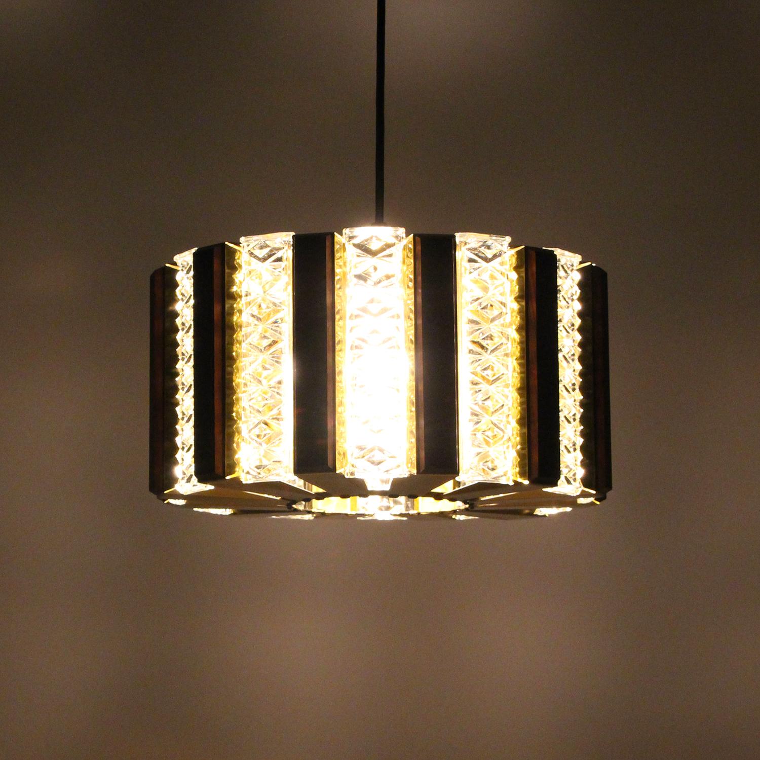 Pressed Brass and Glass Pendant Light with wood by Coronell, 1970s