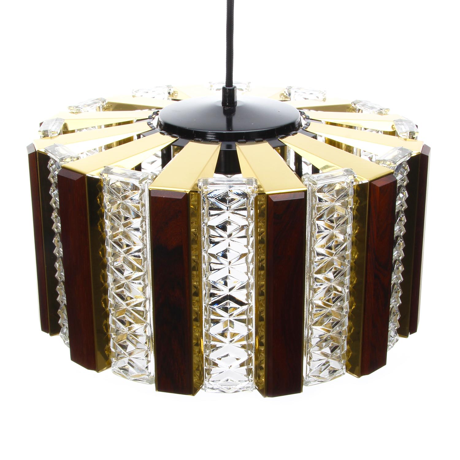 Brass and Glass Pendant Light with wood by Coronell, 1970s In Good Condition In Brondby, Copenhagen